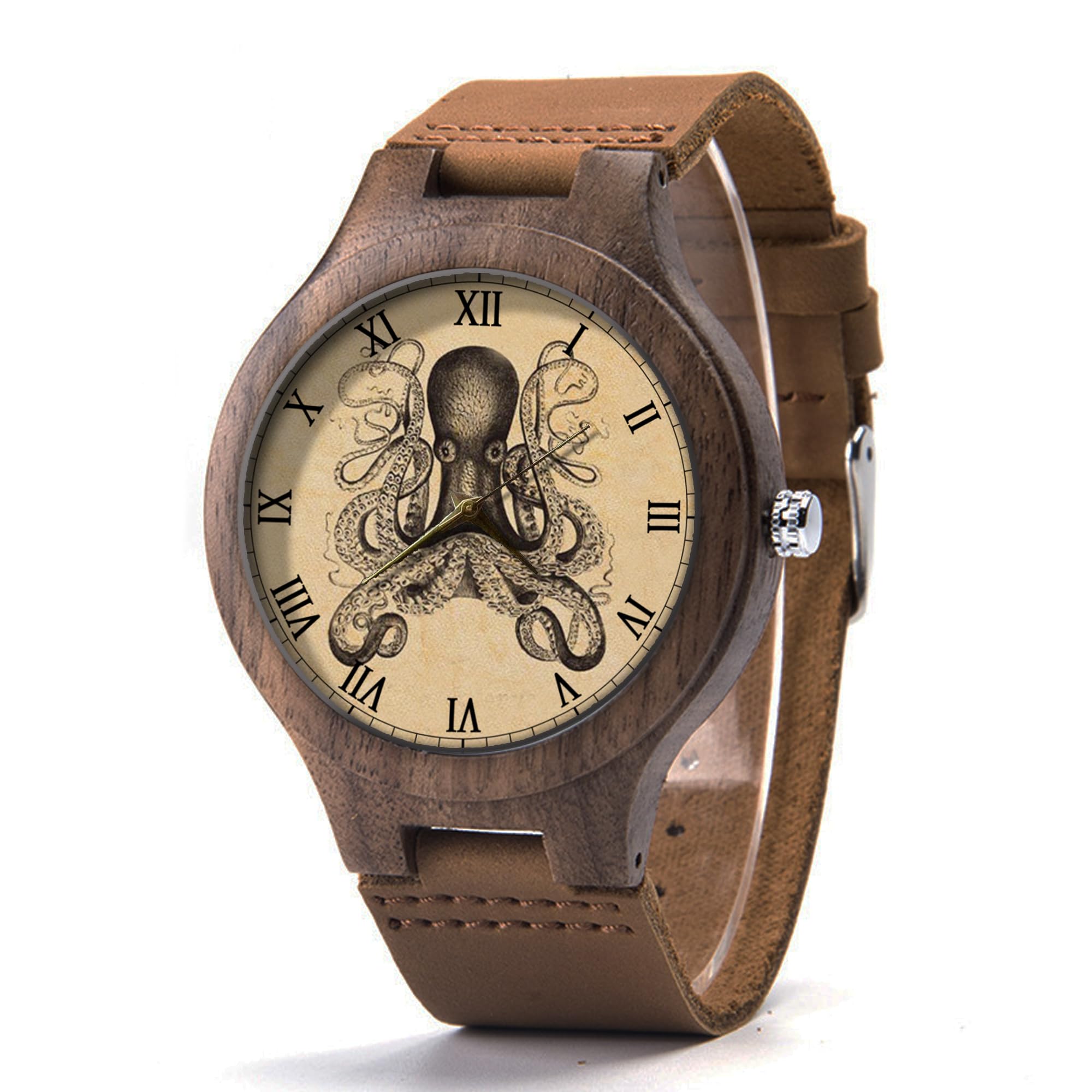 Vintage Octopus Leather & Wood Watch for Men - Stylish Jewelry for Casual Wear