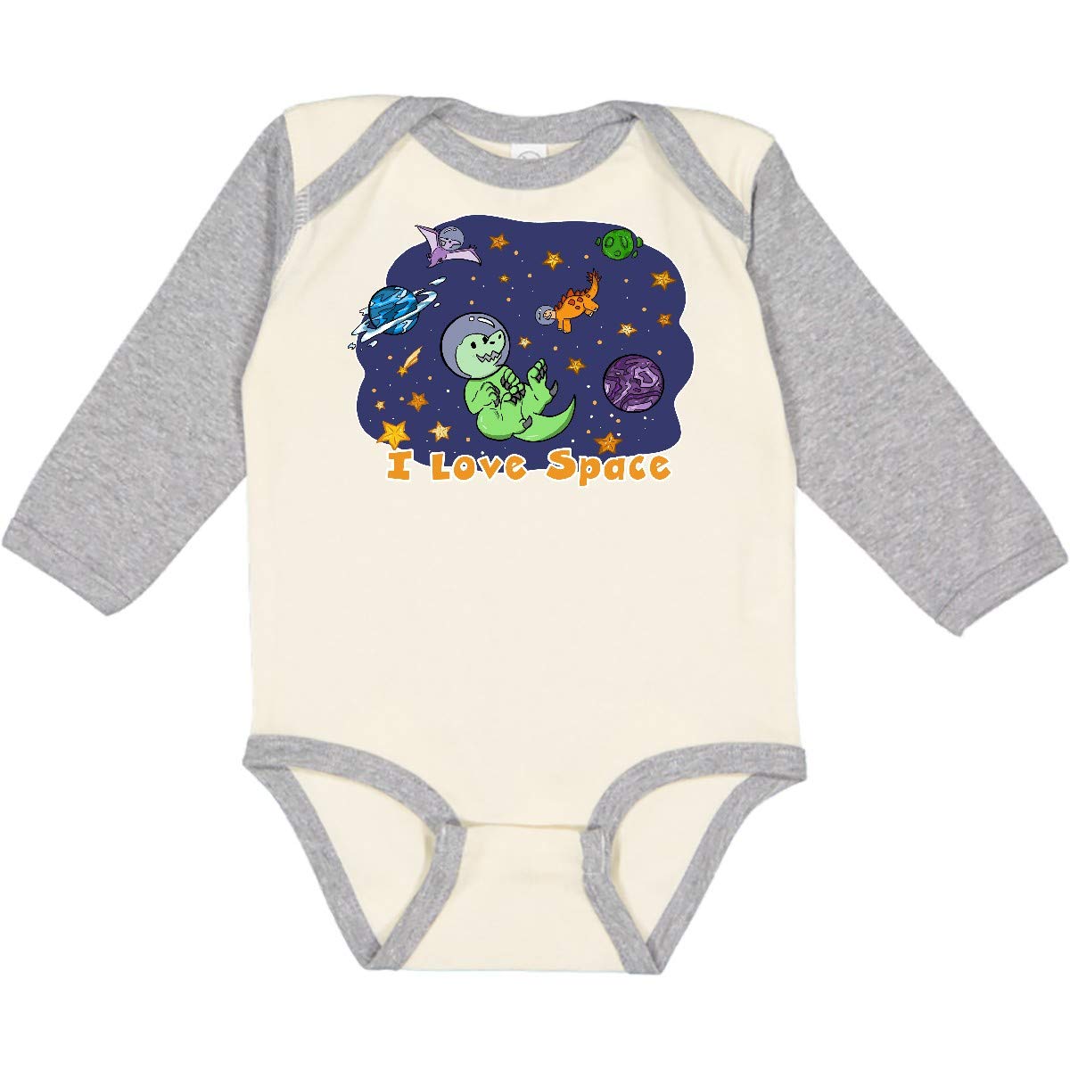 Inktastic I Love Space Cute Dinosaur and Planet Print Baby Bodysuit - Long Sleeve Romper for Boys & Girls - Astronaut Theme Nursery Outfit, Space Lover Gift