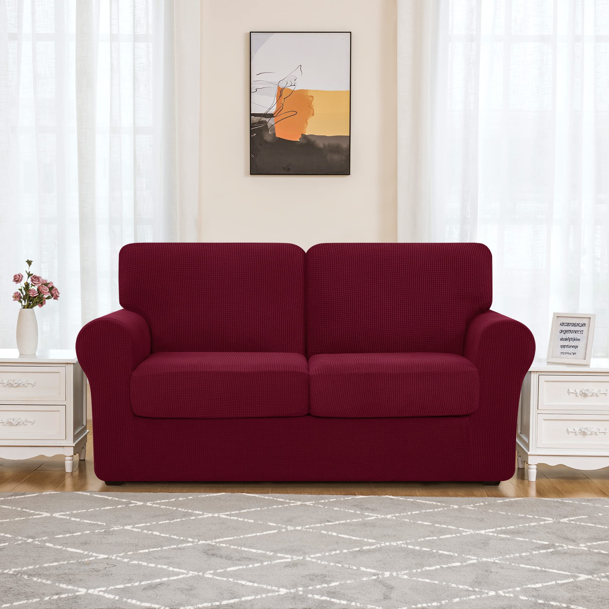 SUBRTEX 5-Piece Loveseat Cover & 7-Piece Sofa Cover Set - Stretchable Couch Slipcovers with Separate Backrest & Cushion Covers for Living Room (Medium/Large, Wine Red) - Perfect for Pet Protection, Furniture Refresh & Home Decor Upgrade