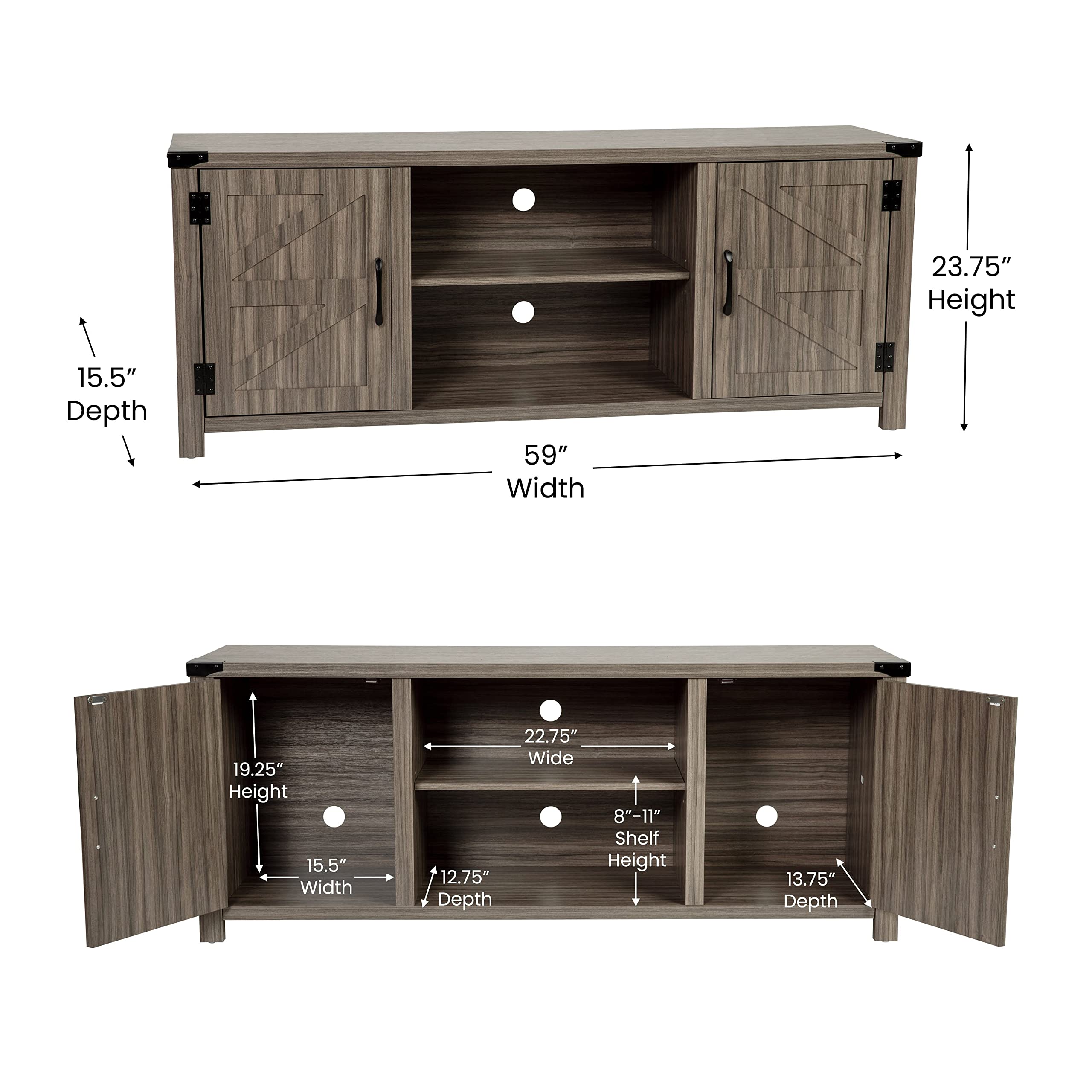 Modern Farmhouse Barn Door TV Stand - 59 Inch Gray Wash Entertainment Center for TVs up to 65 Inches - Adjustable Middle Shelf - Perfect for Living Room, Bedroom & Home Theater Setup
