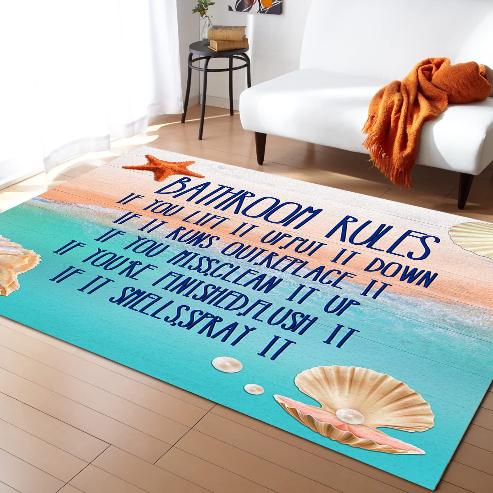 ARTSHOWING 5' x 7' Non-Slip Beach Area Rug - Wood Grain Starfish Shell Design for Living Room, Bedroom & Bathroom - Perfect for Hardwood & Tile Floor Protection - Coastal Home Decor Throw Runner Rug