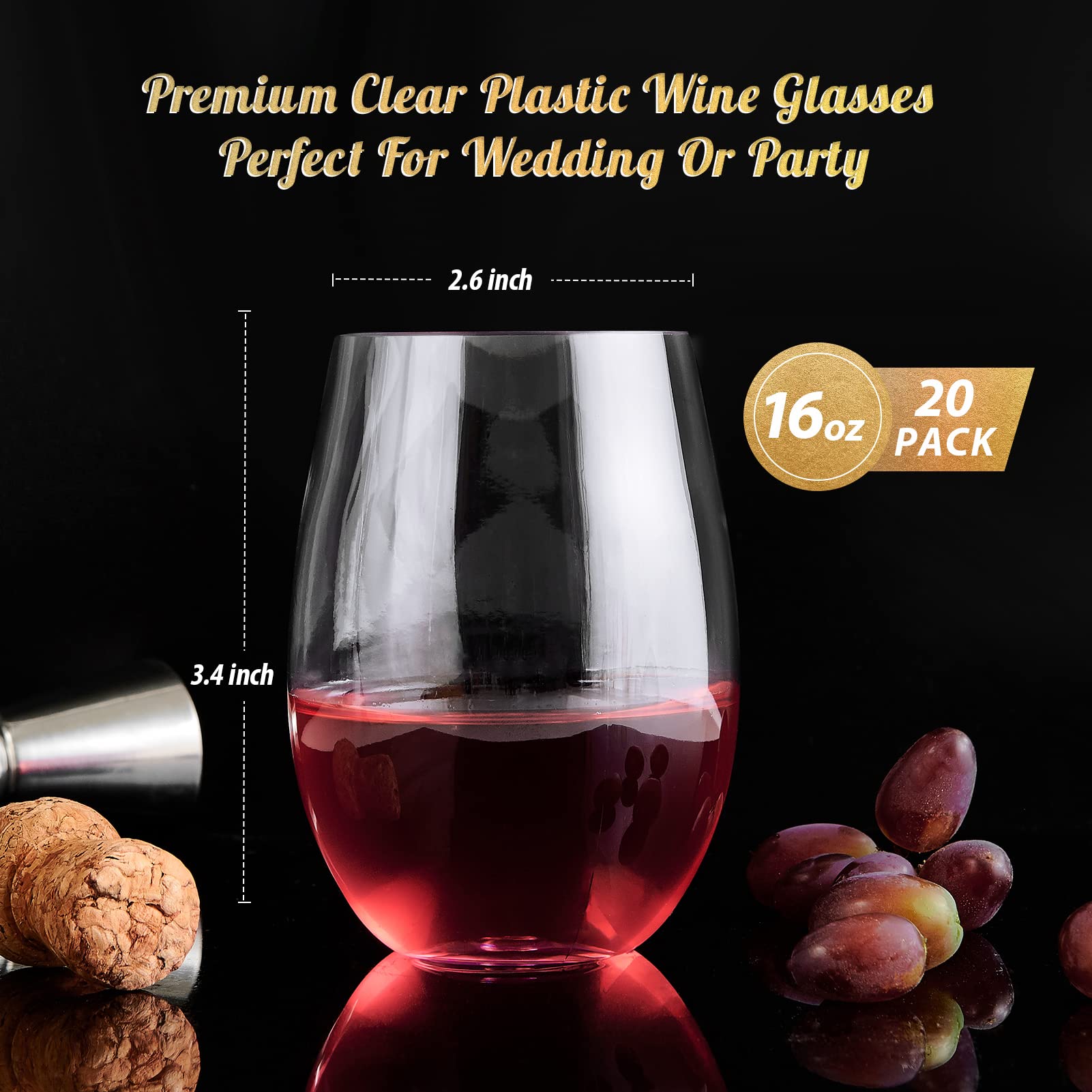 FOCUSLINE 20-Pack 16oz Unbreakable Plastic Wine Glasses - Heavy Duty Stemless Cups for Wedding, Party & Outdoor Events - Shatterproof, Reusable & Disposable Drinkware for Picnics, BBQs & Pool Parties