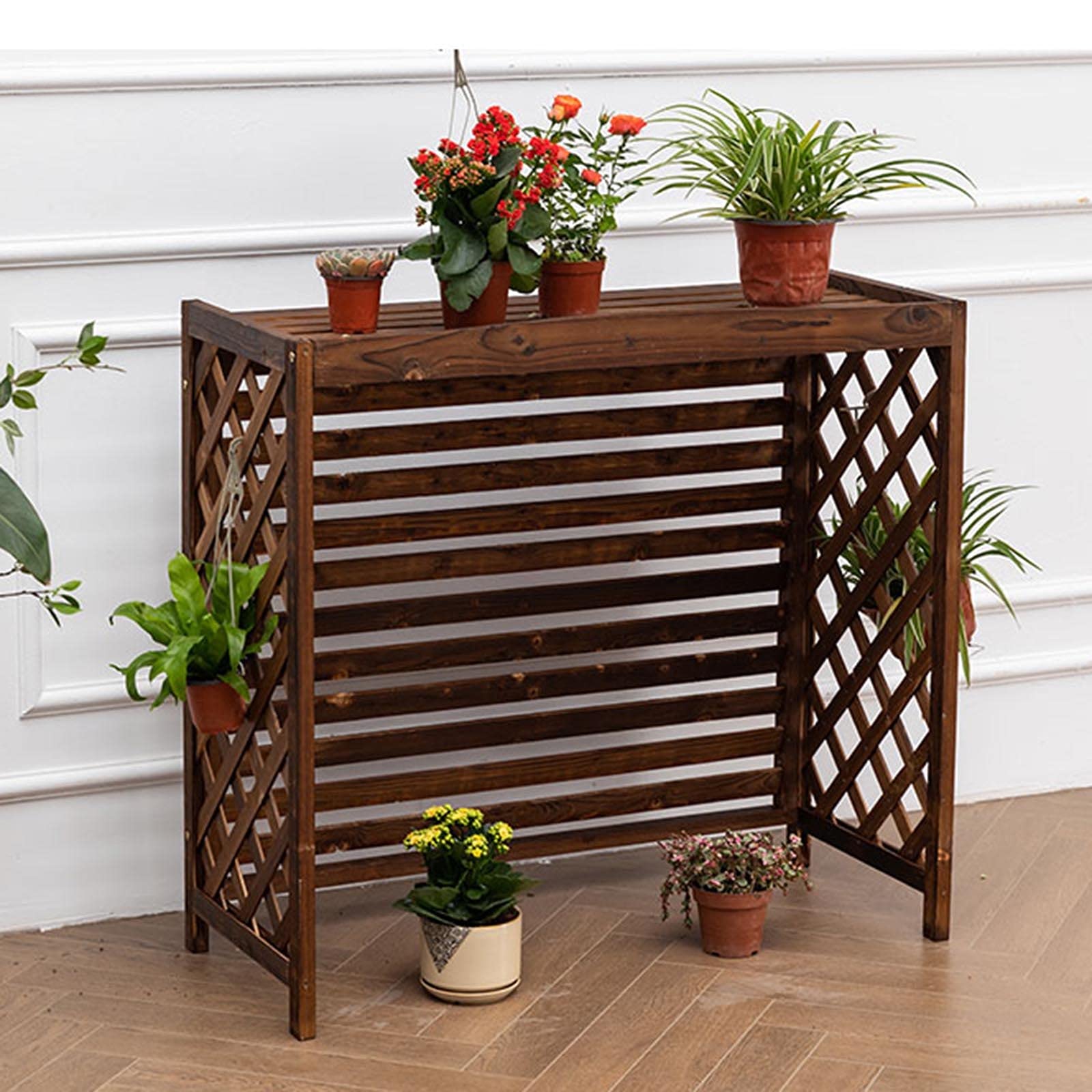 Outdoor Wooden Plant Stand with Hanging Flower Pot Design - UV Protected Waterproof Privacy Fence for AC Unit Cover | Perfect for Patio, Garden, and Balcony Decor