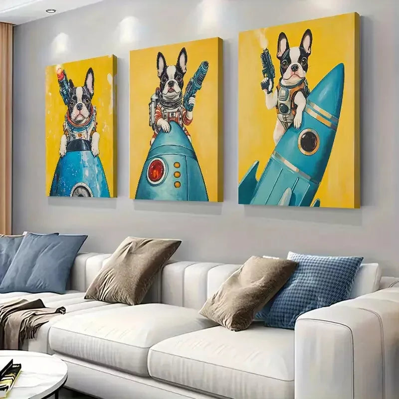 3-Piece Adorable Space Themed Bulldog Wall Art Set - Framed Canvas 40x60cm (16x24in) - High Quality Print, 100% Australian Made, Ready to Hang - Perfect for Living Room, Bedroom, or Office Decor
