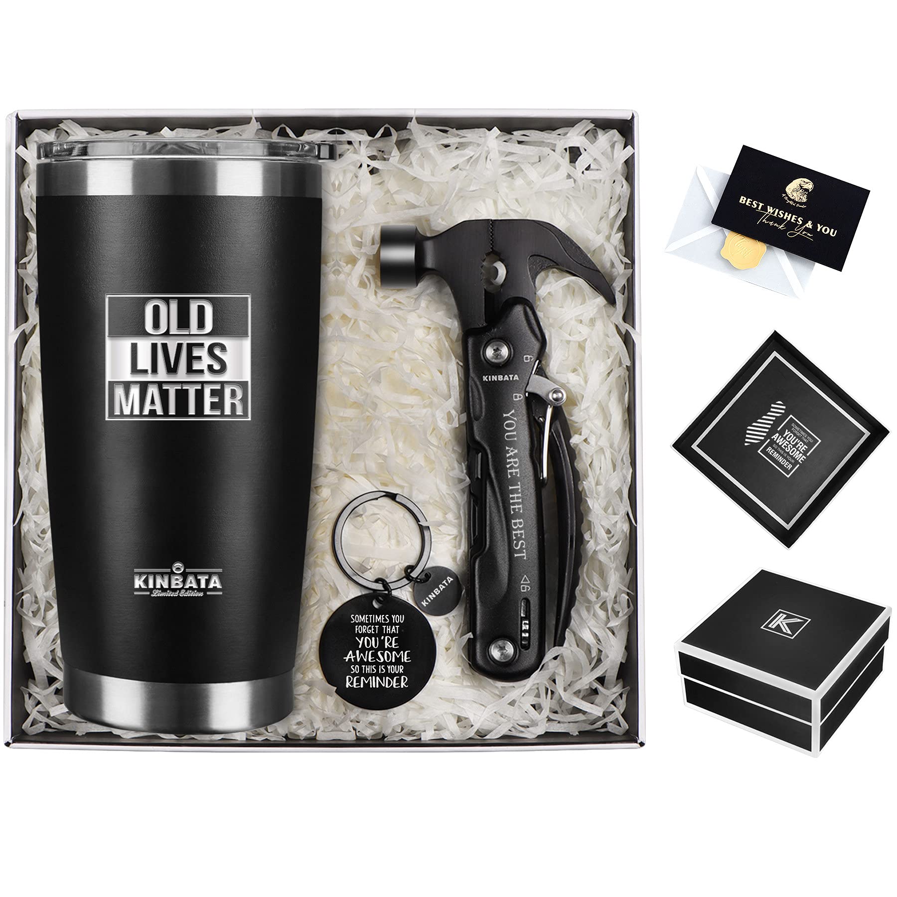 Funny Birthday & Christmas Gifts for Men - Unique Fishing Gifts Basket for Boyfriend, Husband, Dad, Coworker, Uncle & Grandpa - Hammer Multitool Tumbler Set - Perfect for Outdoor Adventures, Office Use & Everyday Carry