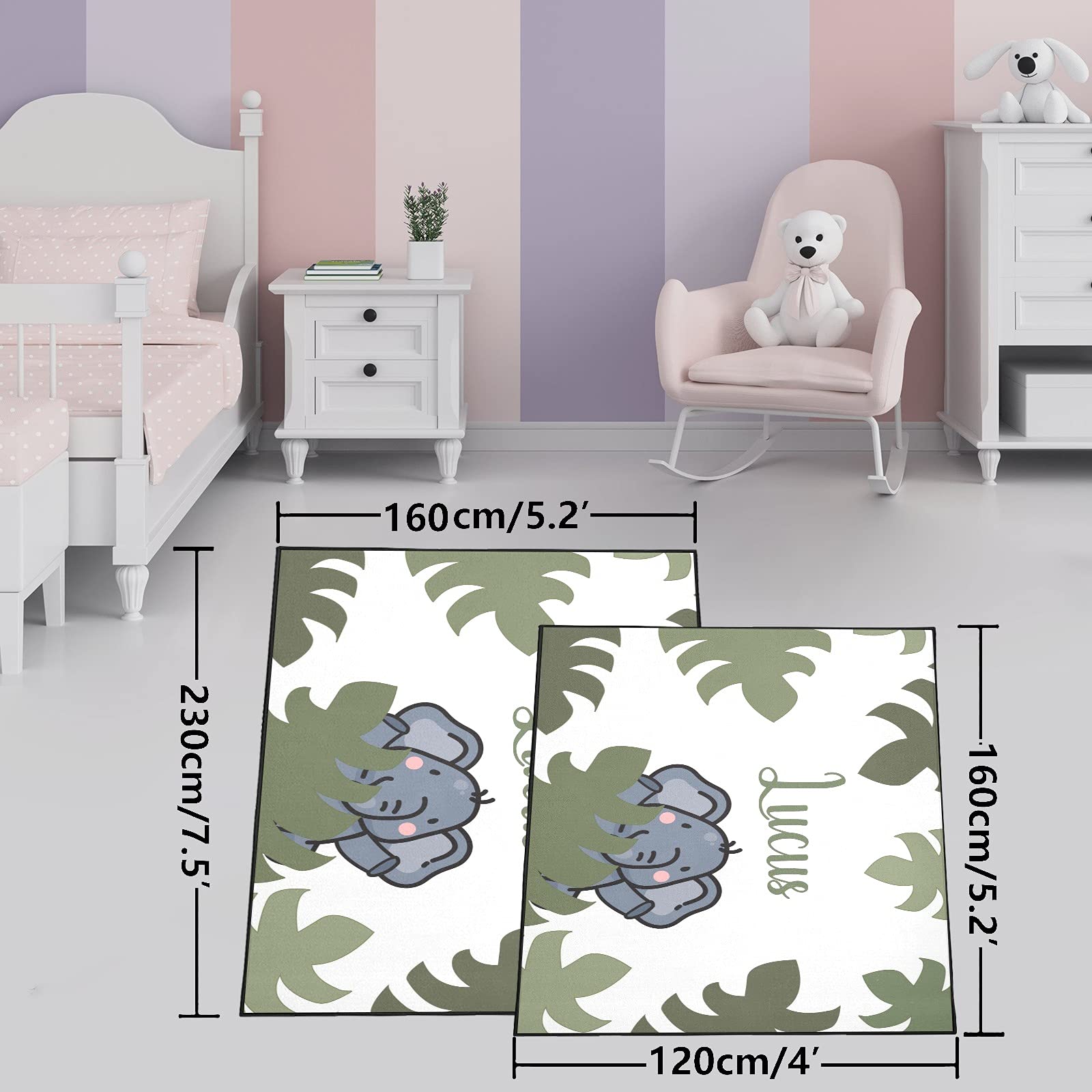 Personalized Elephant & Leaves Baby Play Mat - Non-Toxic 5.2'x7.5' Nursery Rug for Girls & Boys - Custom Kids Room Decor Gift for Playroom, Bedroom & Daycare - Perfect for Crawling, Tummy Time & Learning Activities