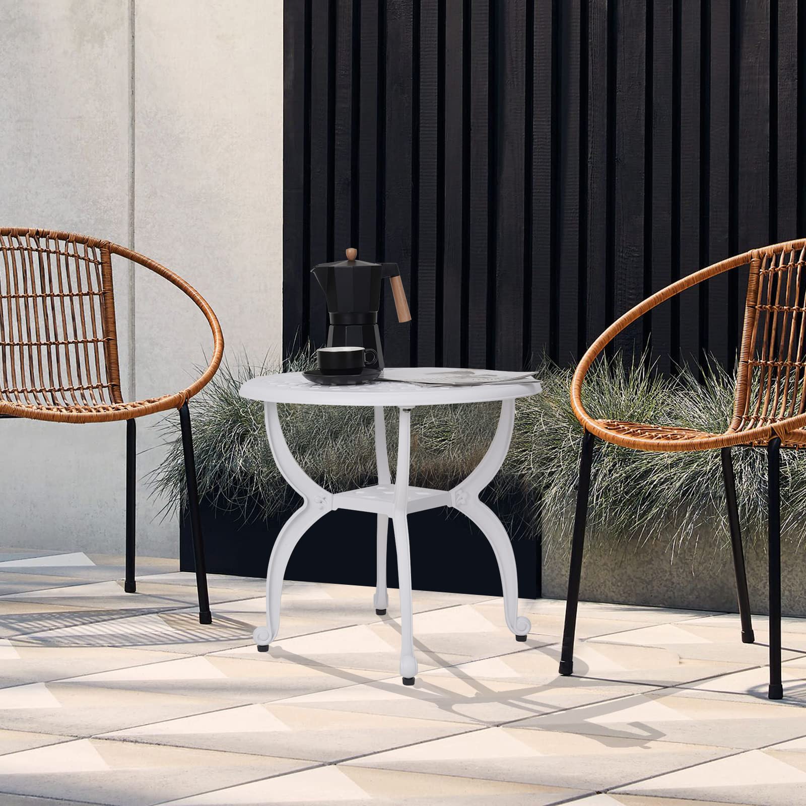JARDIN DE CENTENNIAL Round White Cast Aluminum Outdoor Side Table - Rust-Resistant Patio End Table & Coffee Bistro Table for Garden, Porch, Balcony & Indoor Use - Perfect for Outdoor Entertaining & Relaxation