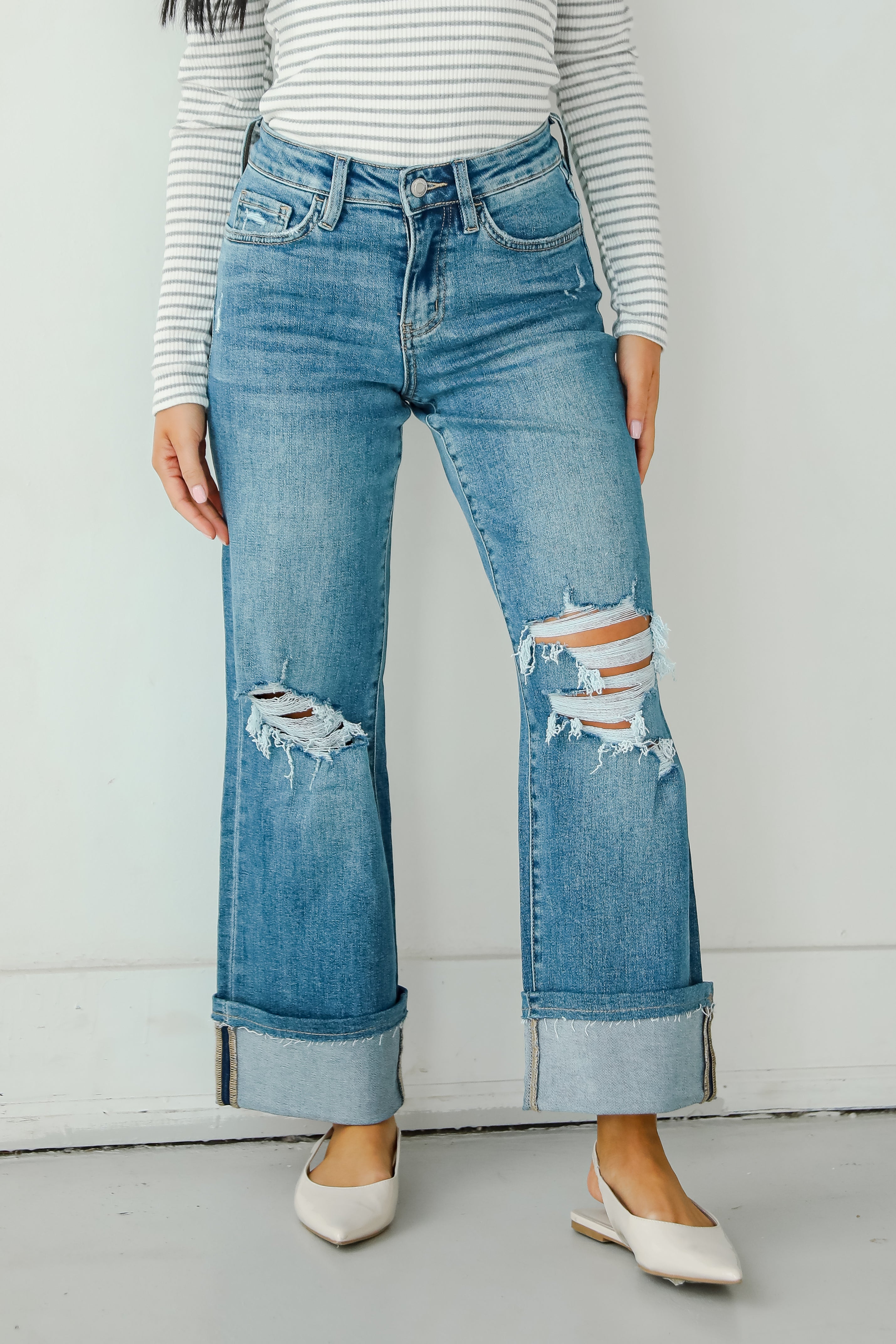 Callie Medium Wash Distressed Cuffed Wide Leg Jeans for Women - Vintage High Waist Denim Pants, Comfortable Stretch Jeans for Casual Outfits & Streetwear Fashion