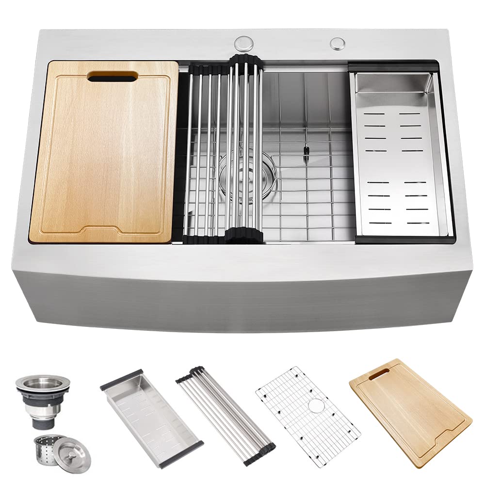 33 Inch Stainless Steel Drop-In Farmhouse Sink Workstation - 16 Gauge Deep Single Bowl Apron Front Kitchen Sink with Cutting Board - Perfect for Modern Farmhouse Kitchens & Food Prep Stations