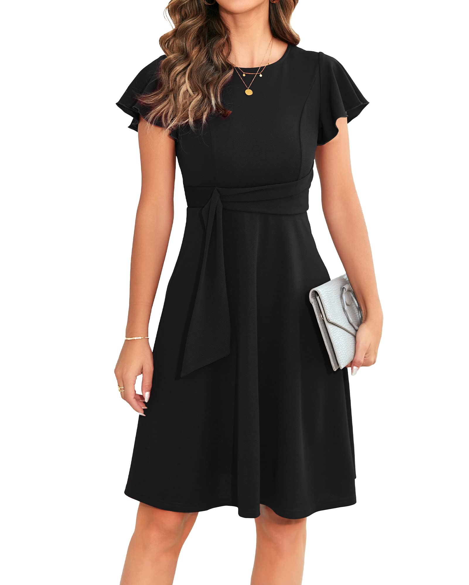 OWIN Women's 2025 Elegant Ruffle Sleeve Flared A-Line Swing Dress for Casual, Party & Cocktail Occasions | Perfect for Weddings, Date Nights & Special Events
