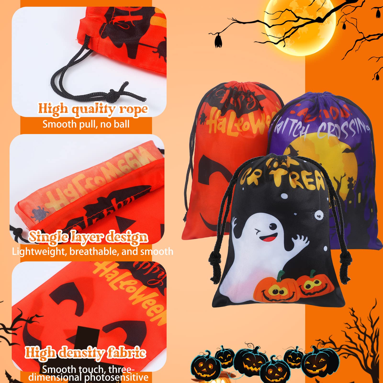 Leifide 24 Pcs Halloween Drawstring Candy Bags - 7x5 Inch Trick or Treat Treat Bags, Pumpkin Goodie Bags for Halloween Party Favors, School Events & Classroom Treats