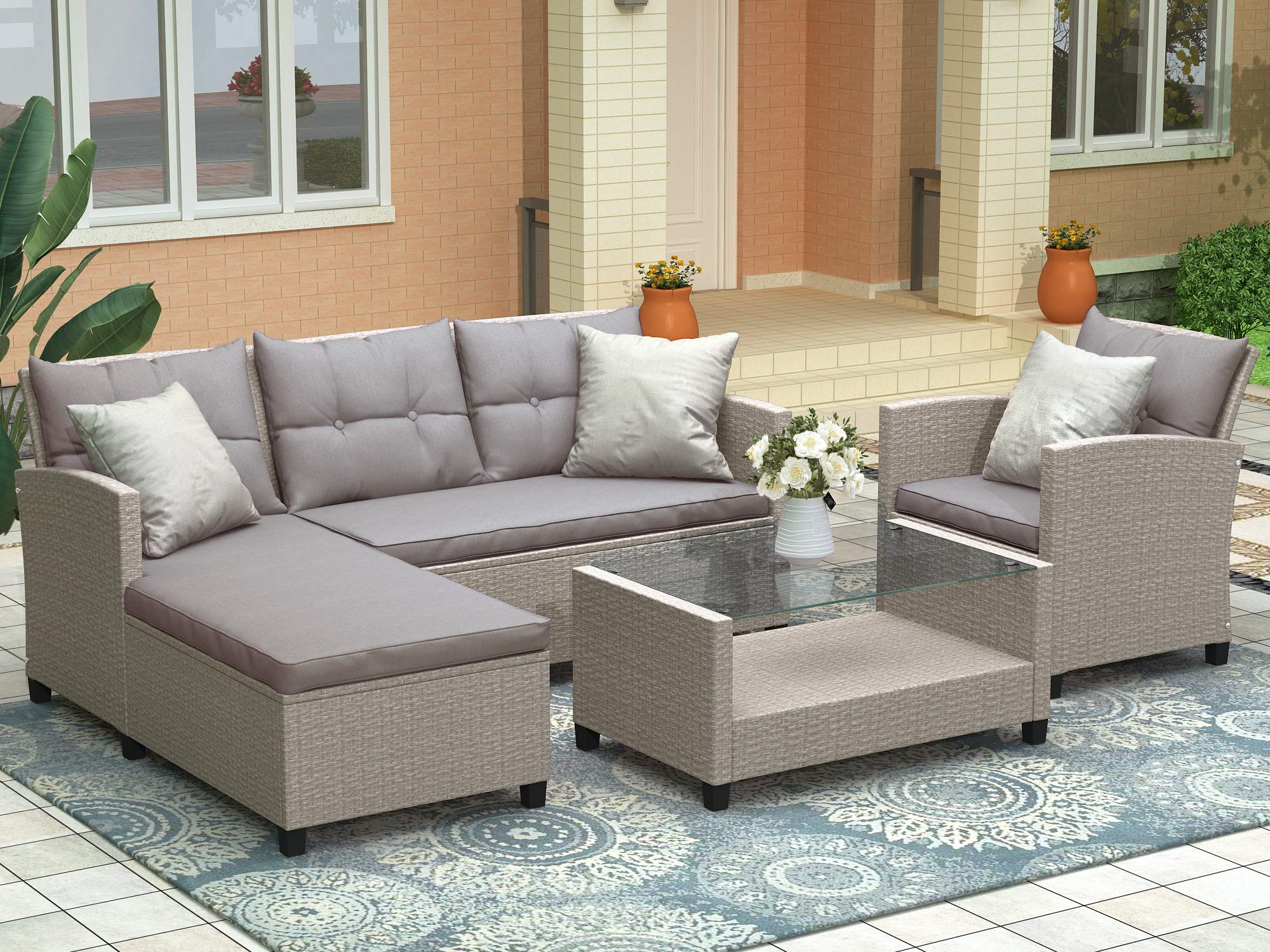 LZ LEISURE ZONE 4-Piece Outdoor Patio Furniture Set - All-Weather PE Rattan Wicker Sectional Sofa with Cushions & Coffee Table - Beige Brown - Perfect for Garden, Backyard, Poolside & Outdoor Conversations
