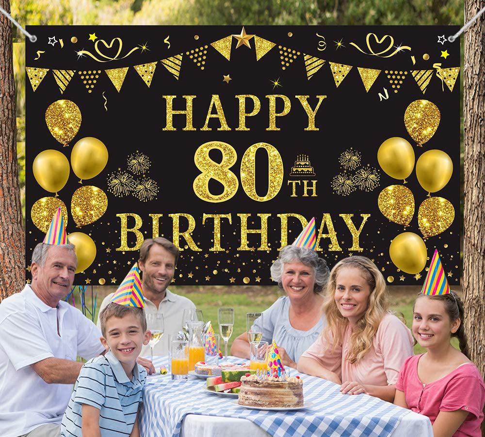 Trgowaul 80th Birthday Backdrop - Gold & Black 5.9x3.6ft Photography Background for Women & Men - Perfect for Birthday Party Decorations, Photo Shoots & Milestone Celebrations
