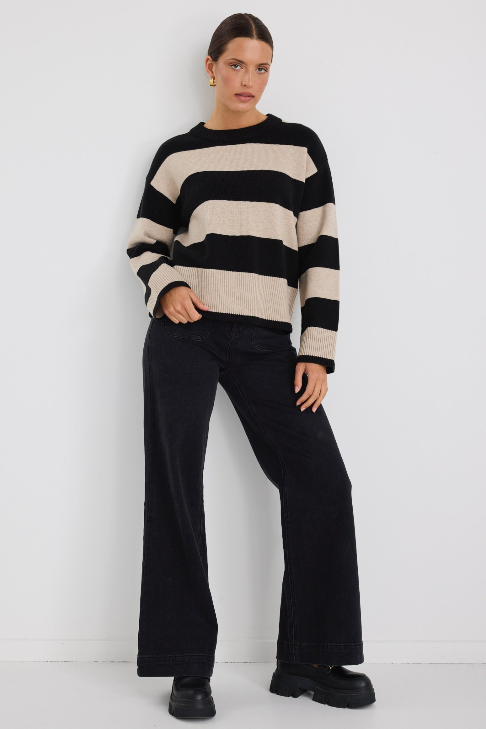 Gravity Black & Stone Stripe Crew Neck Knit Sweater for Men - Casual Winter Pullover for Office & Weekend Outings