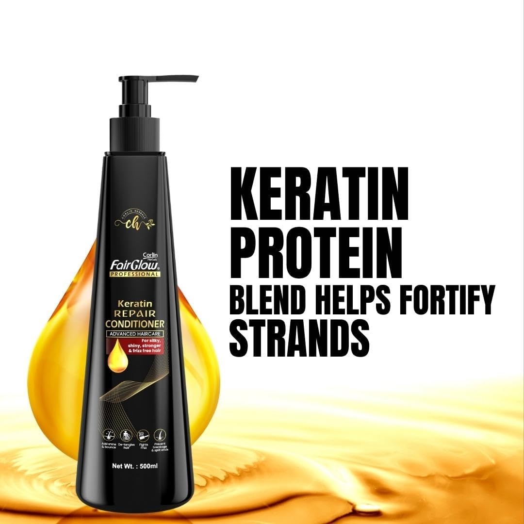 Corlin Fair Glow Keratin Repair Conditioner 500ml - Deep Moisturizing for Silky, Shiny, Stronger & Frizz-Free Hair | Salon-Quality Hair Treatment for Damaged & Dry Hair at Home