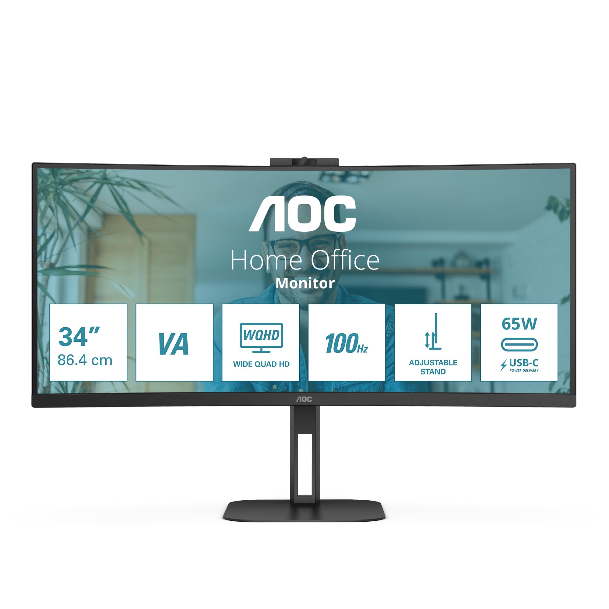 AOC CU34V5CW 34 Inch WQHD Curved Gaming Monitor with 2MP Webcam, Built-in Speakers, Height Adjustable Stand (3440x1440, 100Hz, HDMI, DisplayPort, USB-C Hub) - Perfect for Home Office, Gaming & Multitasking