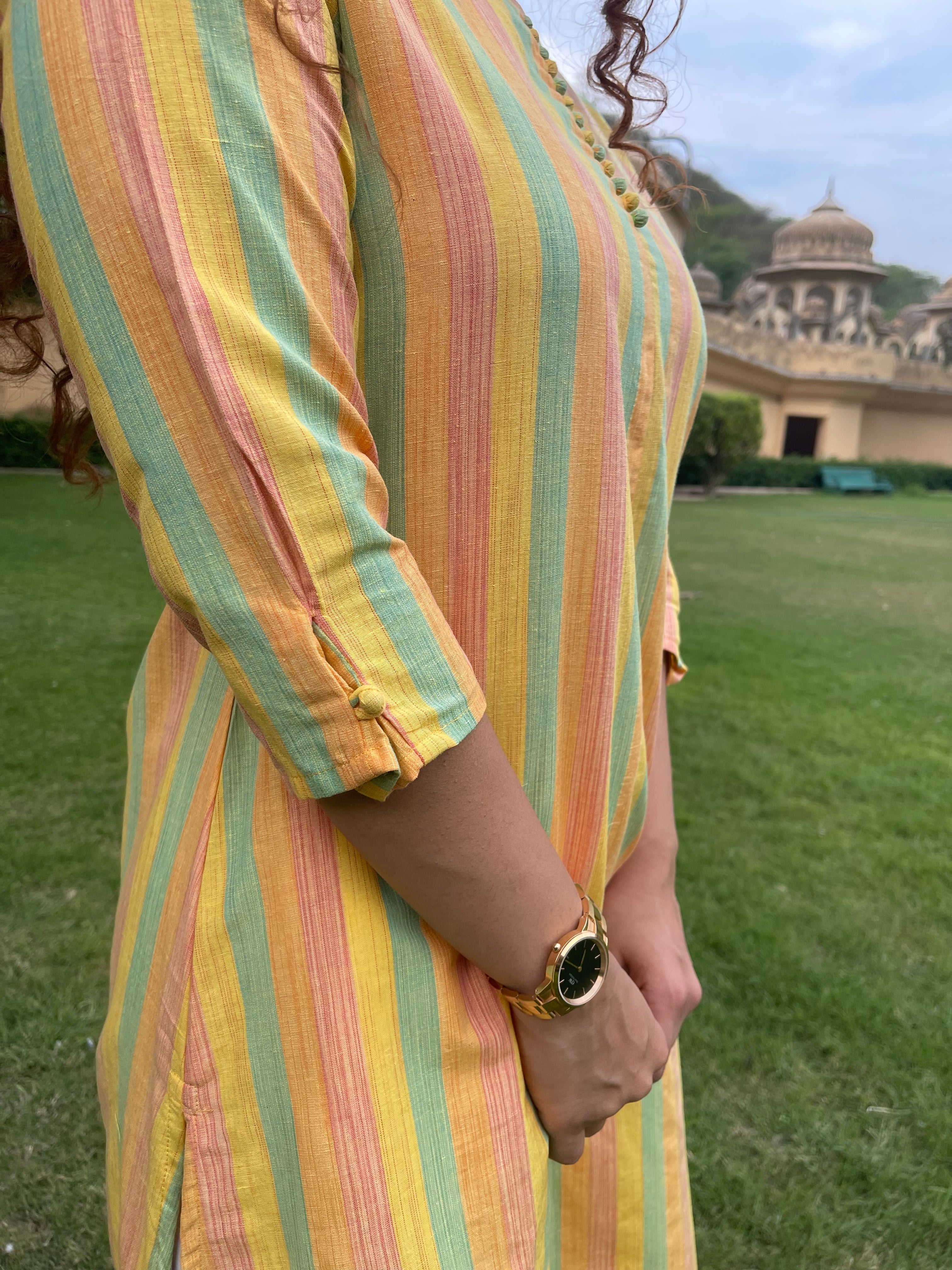 Stylish Yellow Cotton Stripes Kurta Set for Women - Comfortable & Trendy Indian Ethnic Wear - Perfect for Festivals, Parties & Casual Outings