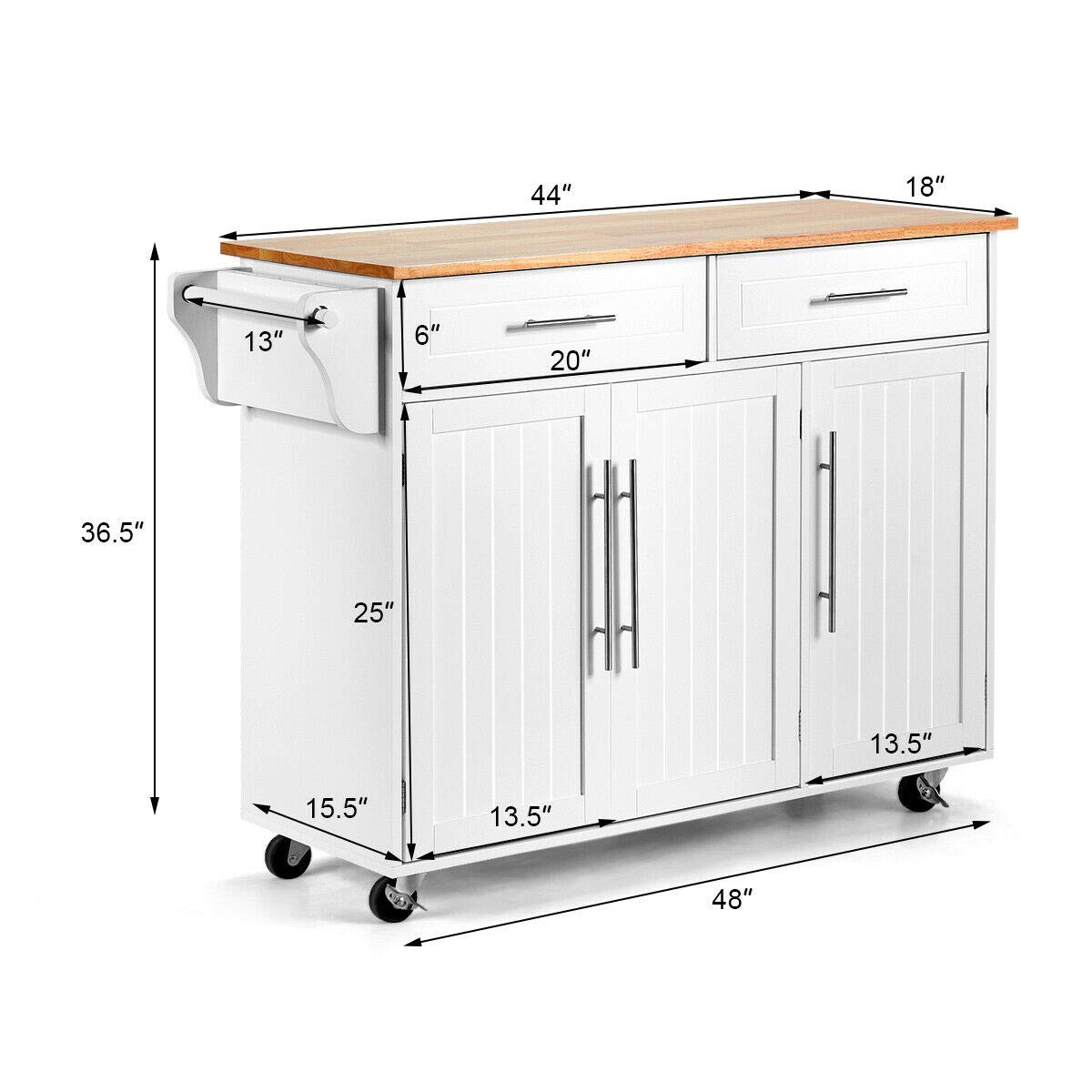 White Rolling Kitchen Trolley Island with 2 Drawers & 2 Cabinets - Knife Block, Towel Rack & Rubber Wood Top - Perfect for Pantry Organization, Silverware Storage & Kitchen Serving - Ideal for Small Kitchens, Dining Room Buffets & Mobile Food Prep Stations