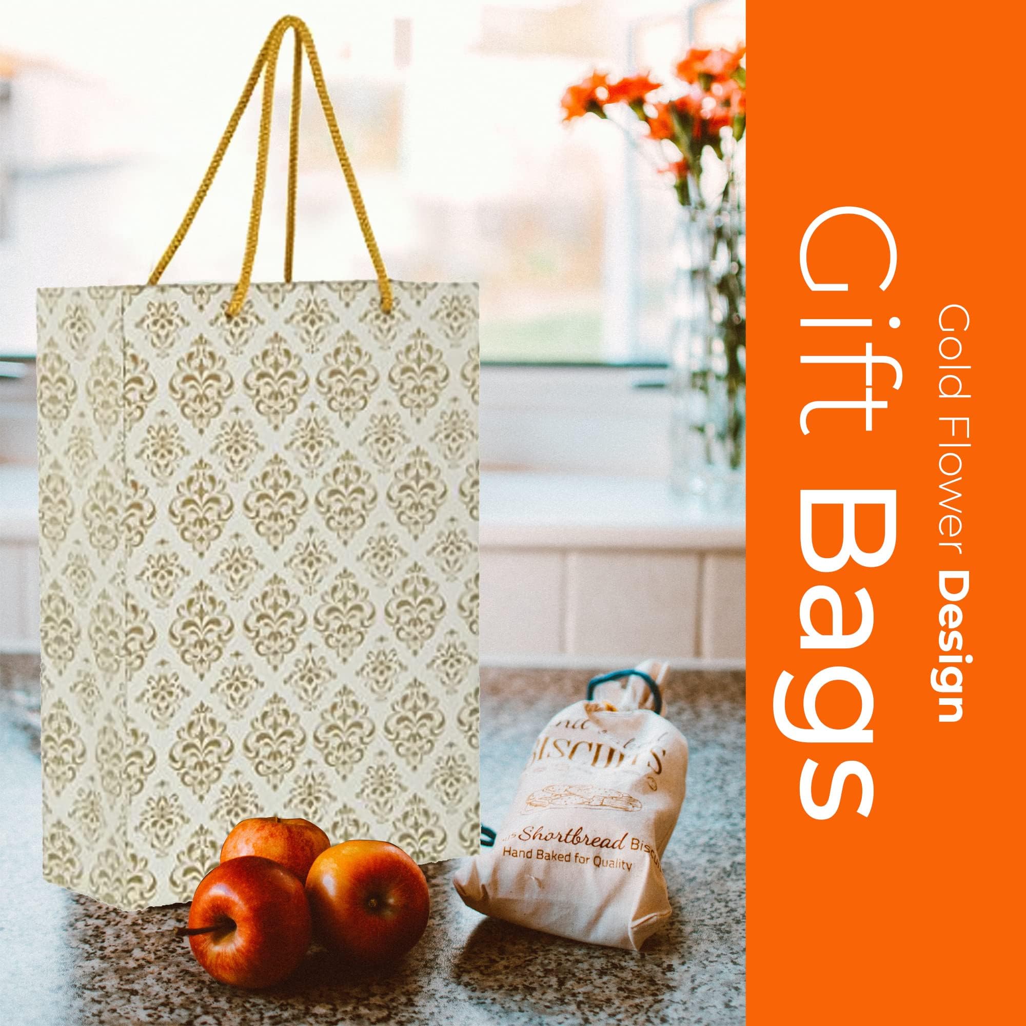 Premium Gold Floral Design Gift Bags - Elegant Wedding, Birthday & Holiday Party Favor Bags (8