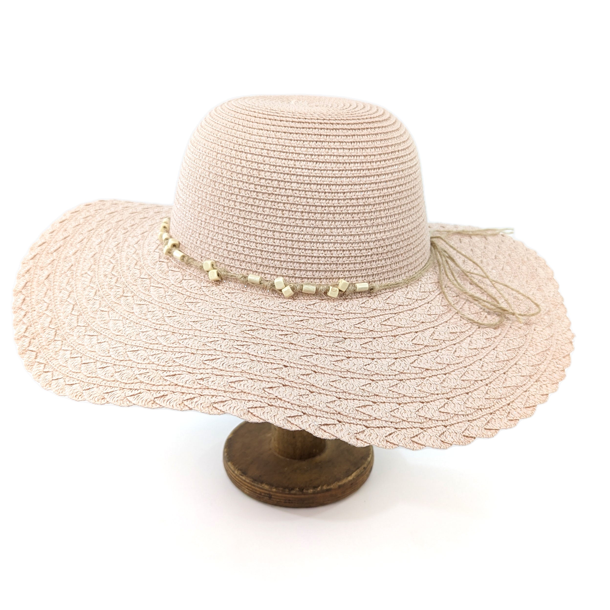 Foldable Wide Brim Sun Hat with Pink Beaded Band (57cm) - UPF 50+ UV Protection for Women, Travel, Beach & Outdoor Activities