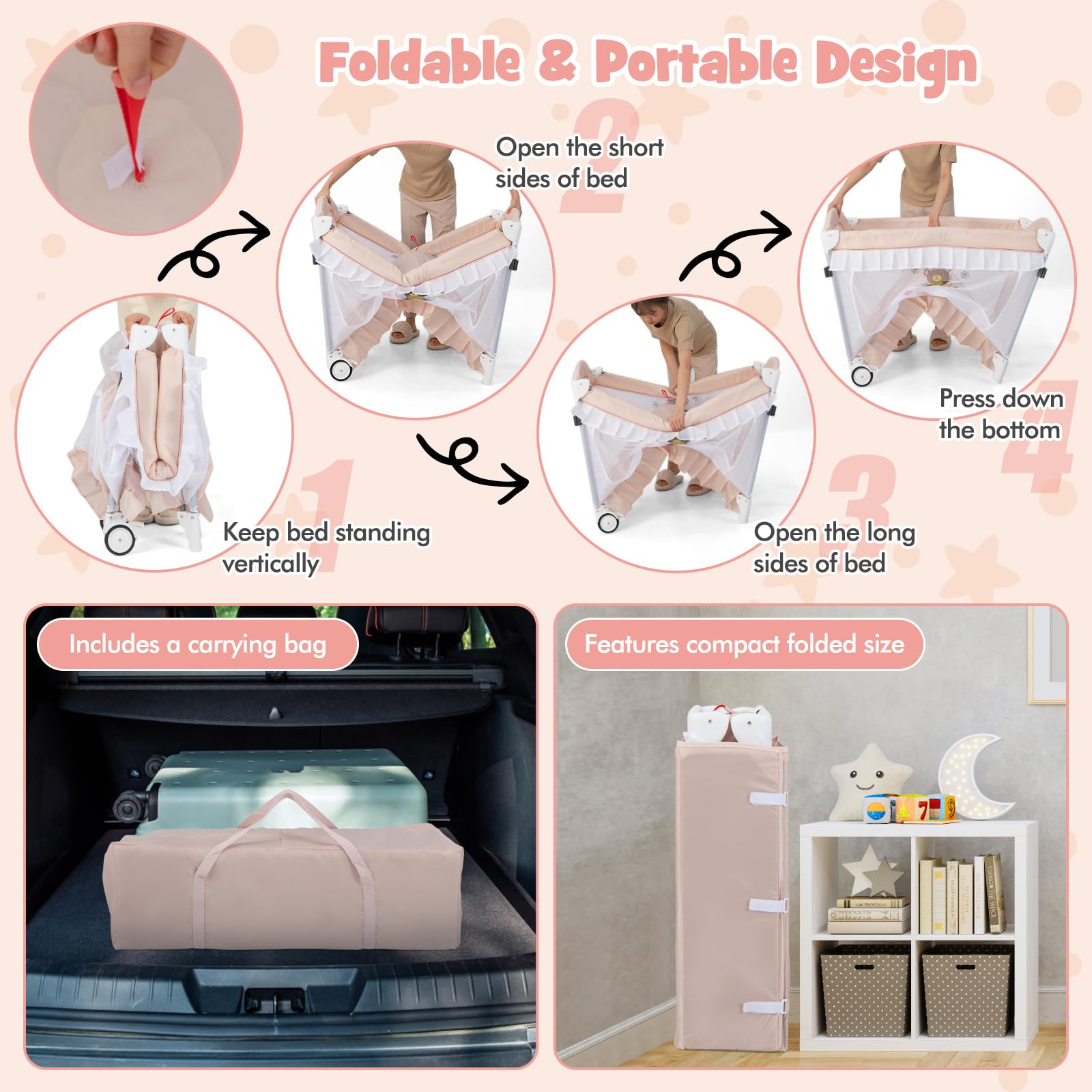 BABY JOY 4-in-1 Portable Playard with Canopy & Bassinet - Foldable Baby Crib with Wheels & Brake for Newborn to Toddler - Perfect for Travel, Nursery & Playtime (Pink)