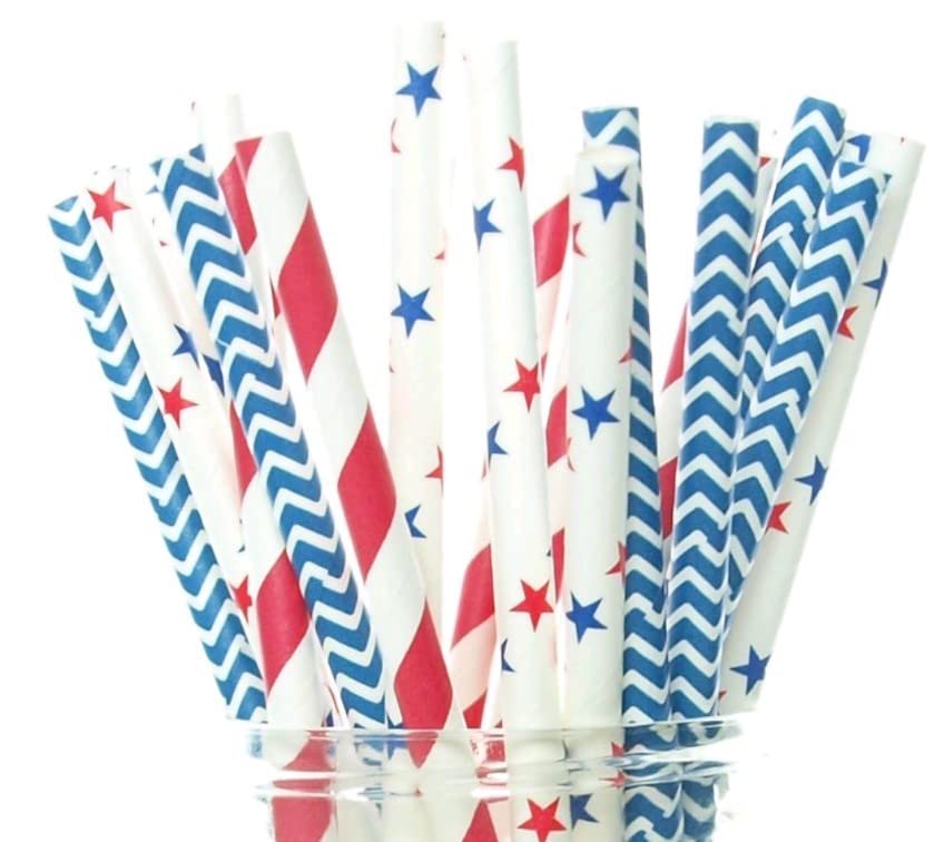 4th of July Party Straws - Patriotic Red White & Blue Paper Drinking Straws | Eco-Friendly Disposable Straws for Summer BBQs, Pool Parties & Independence Day Celebrations | 25 Pack