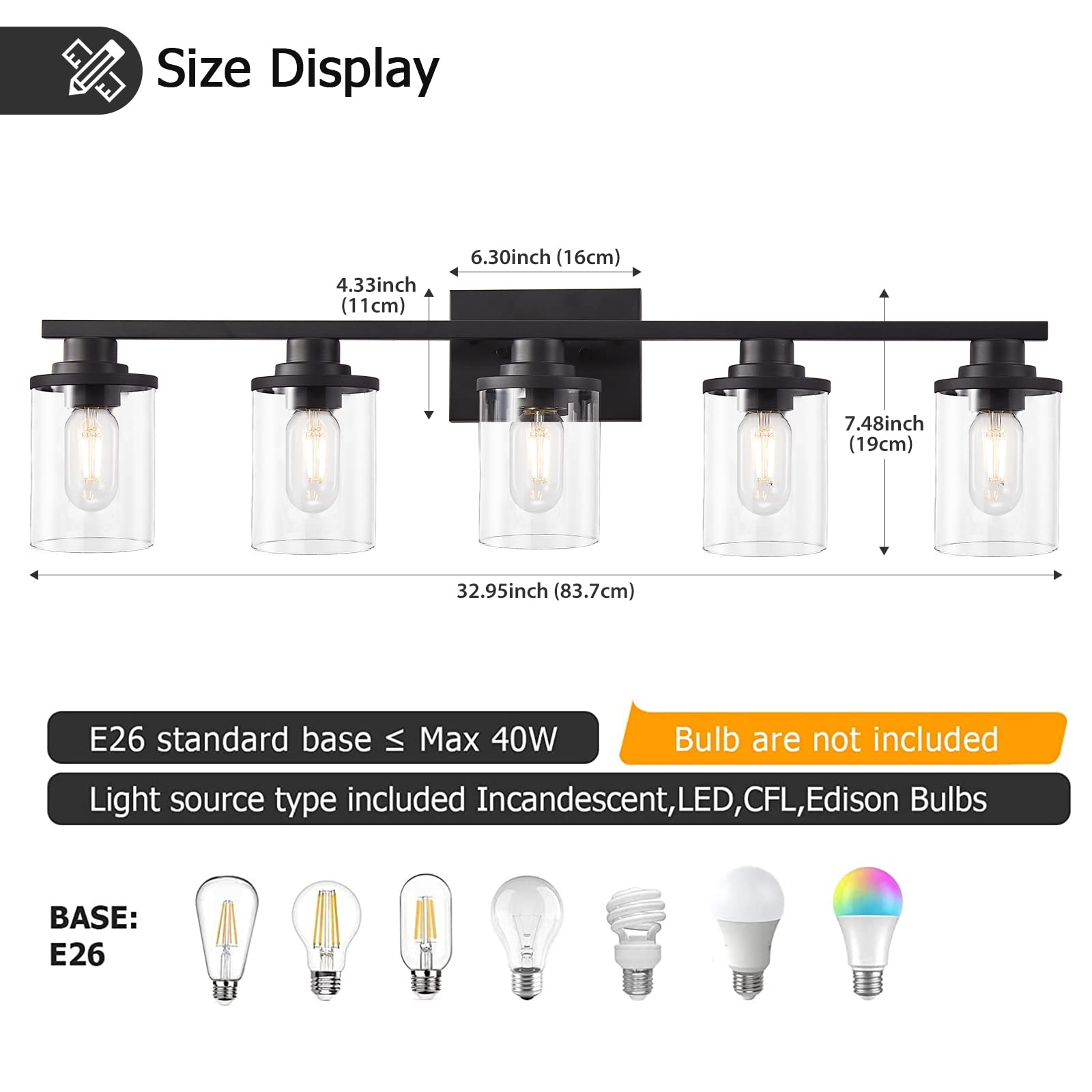 Stambord 5-Light Bathroom Vanity Light Fixture - Modern Matte Black Wall Sconce with Clear Glass Shade for Bathroom, Bedroom & Hallway - Perfect for Vanity Mirror Lighting, Dressing Area & Home Decor