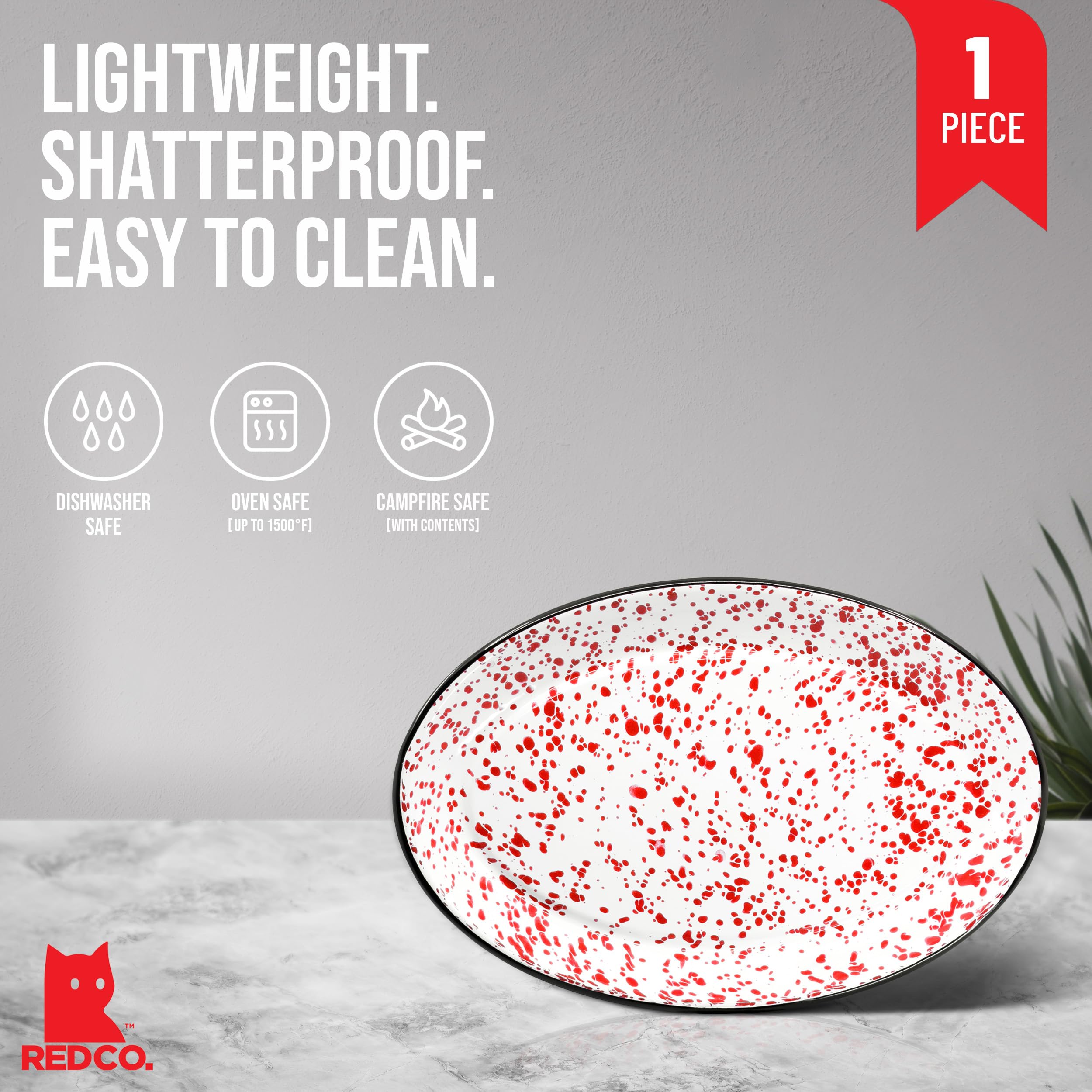 Red Co. Enamelware 13-Inch Oval Serving Tray - Classic Red Marble & Black Rim Splatter Design | Durable Metal Platter for Entertaining, Buffets & Home Decor