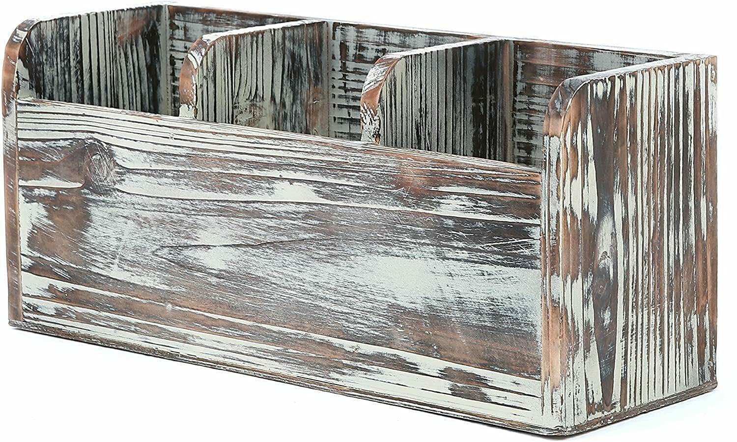 VeahUS 3-Compartment Torched Wood Utensil Holder - Flatware Caddy & Kitchen Drawer Organizer for Forks, Spoons, Knives | Perfect for Kitchen Organization, Dining Table Setting & Cutlery Storage