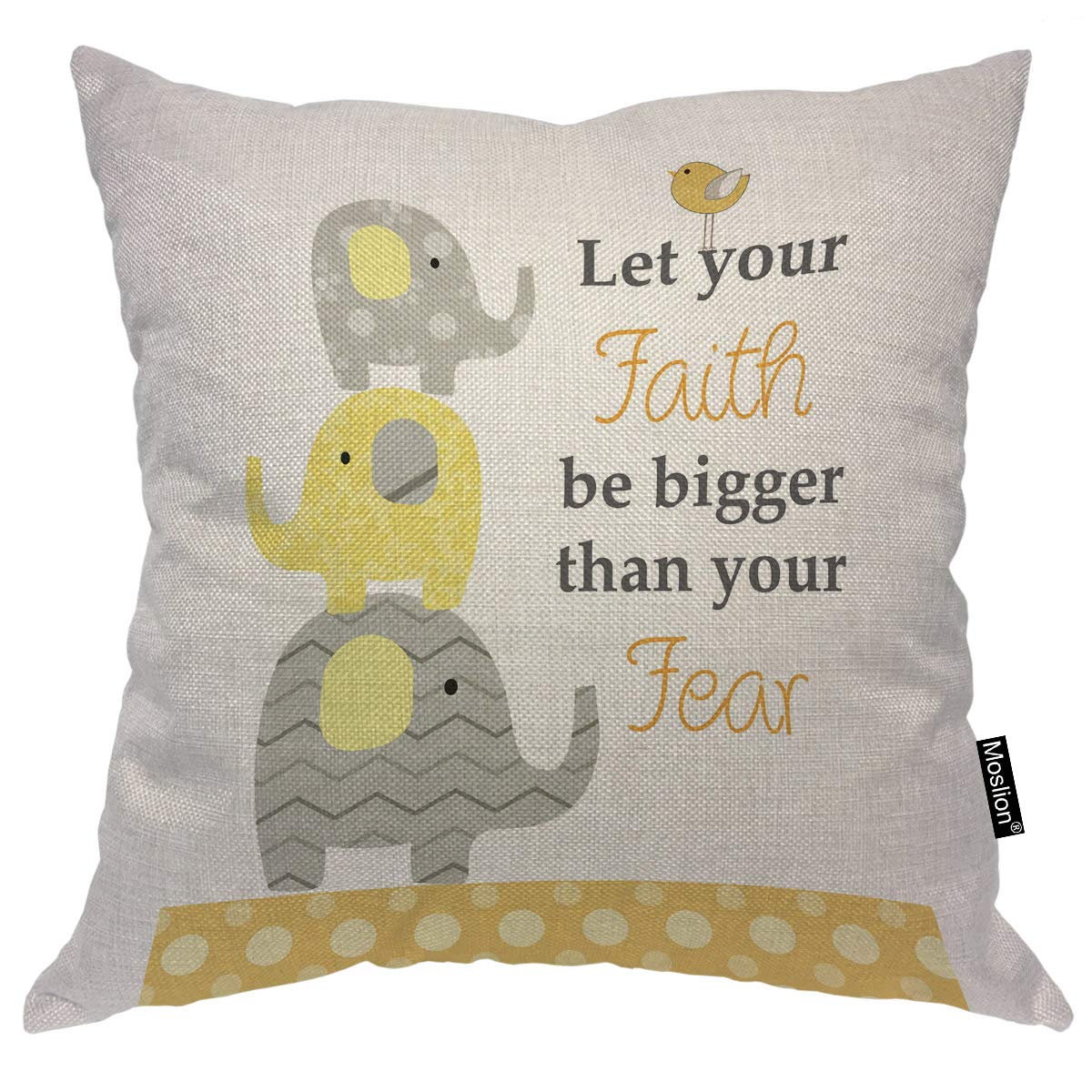 Faith Over Fear Elephant Motivational Quote Pillow Cover - 18x18 Inch Yellow Grey Cotton Linen Decorative Square Accent Pillow Case with Elephant, Bird & Floral Design for Living Room, Bedroom & Nursery Decor