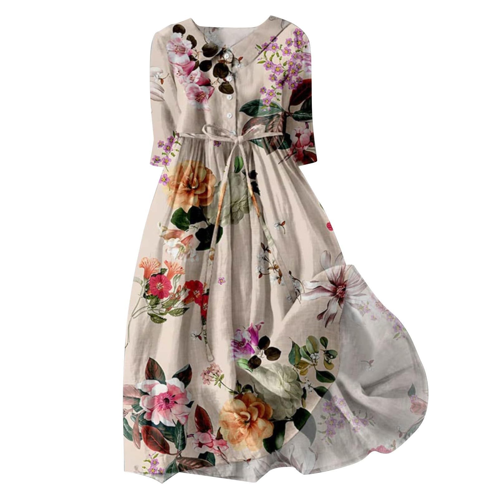 Women's Bohemian Cotton Linen Maxi Dress with 3/4 Sleeves & Belt - Classic Plain Boho Chic Long Dress for Beach, Vacation & Summer Outfits