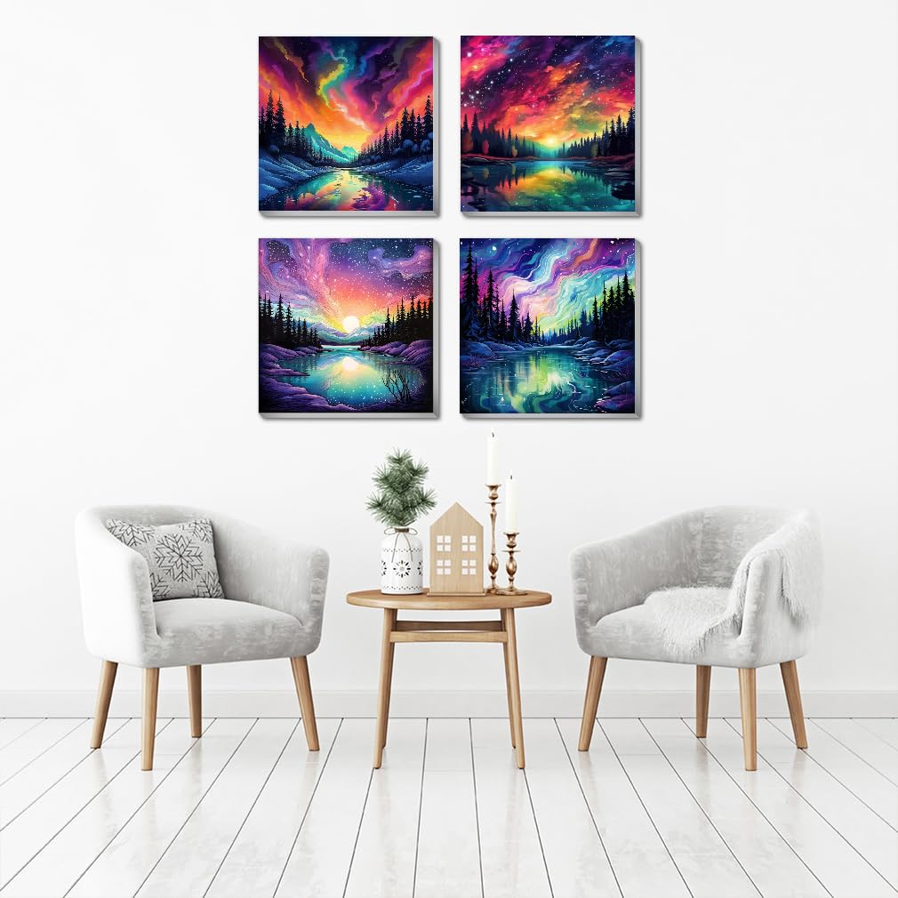 4 Pack DIY Aurora Landscape Paint by Numbers Kit for Adults - Framed Canvas with Acrylic Paints & Brushes - 8x8 Inch Home Wall Art Decor - Perfect for Beginners, Stress Relief & Creative Gift Ideas
