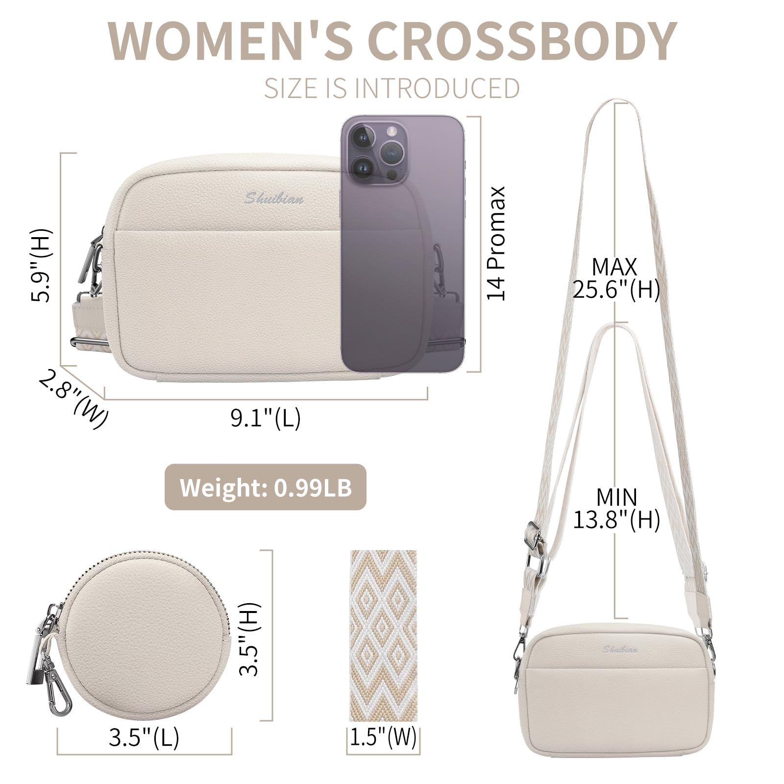 Genuine Leather Crossbody Bag for Women with Detachable Coin Purse - Wide Strap Shoulder Bag & Camera Purse - Perfect for Travel, Shopping, and Everyday Use