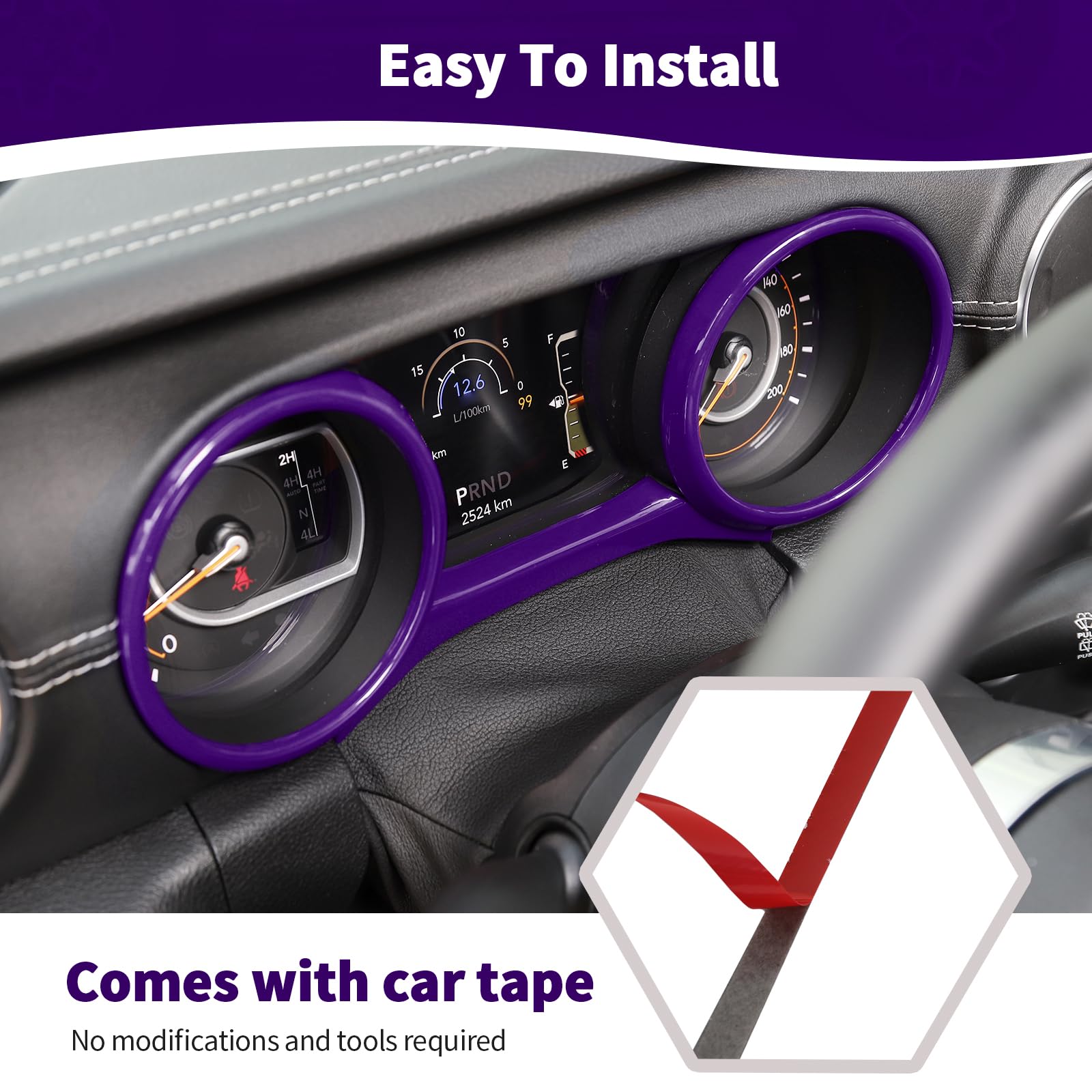 Jeep Wrangler JL JLU & Gladiator JT Dash Cluster Gauge Trim Ring Cover (2018-2023) - Purple Interior Accessories (3-Piece Set) | Durable ABS Plastic, Easy Installation, Custom Fit for Enhanced Dashboard Style