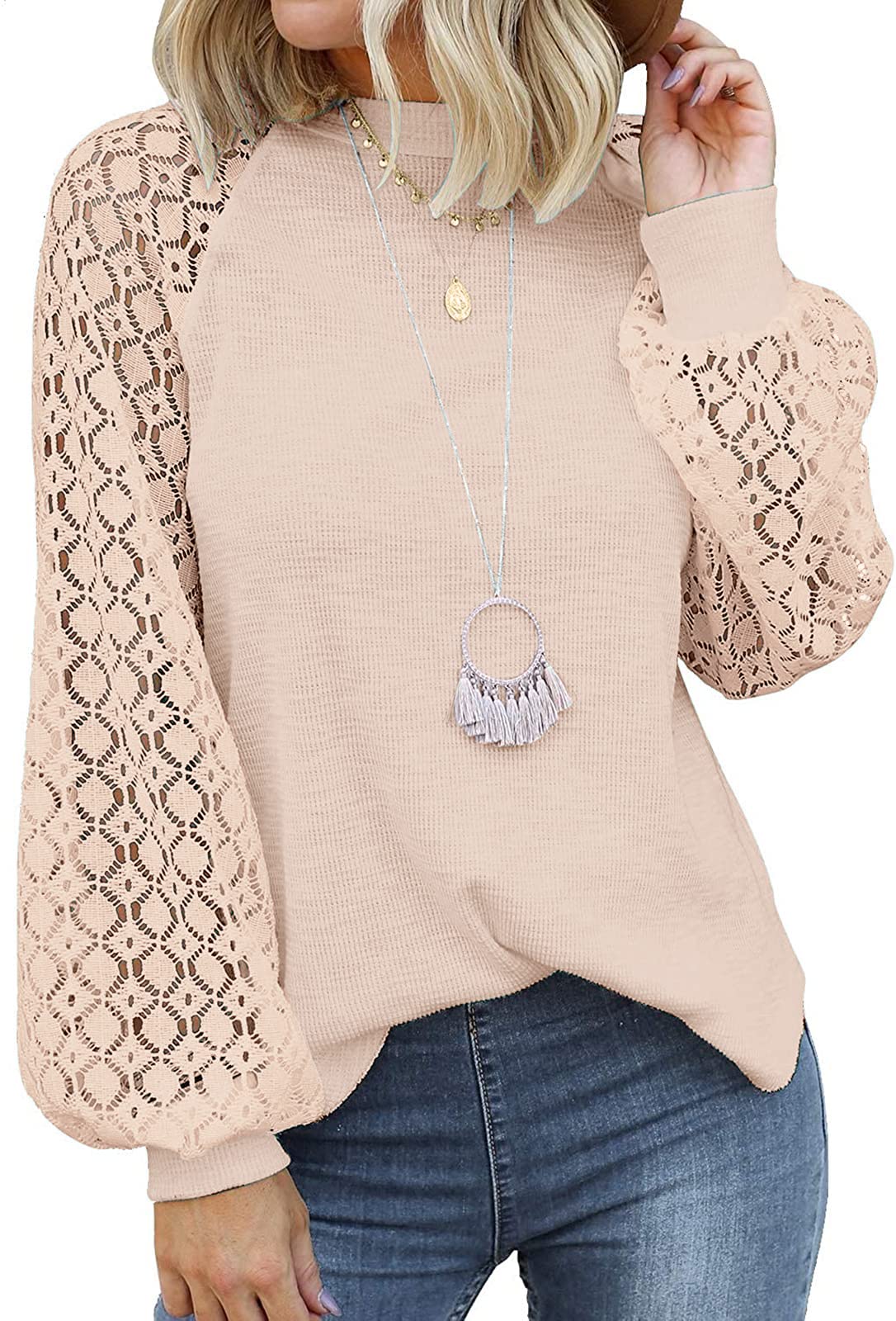 Elegant Women's Lace Long Sleeve Blouse - Fall Casual Loose T-Shirt Top for Everyday Wear & Office Outfits | Soft Breathable Fabric for Comfort & Style