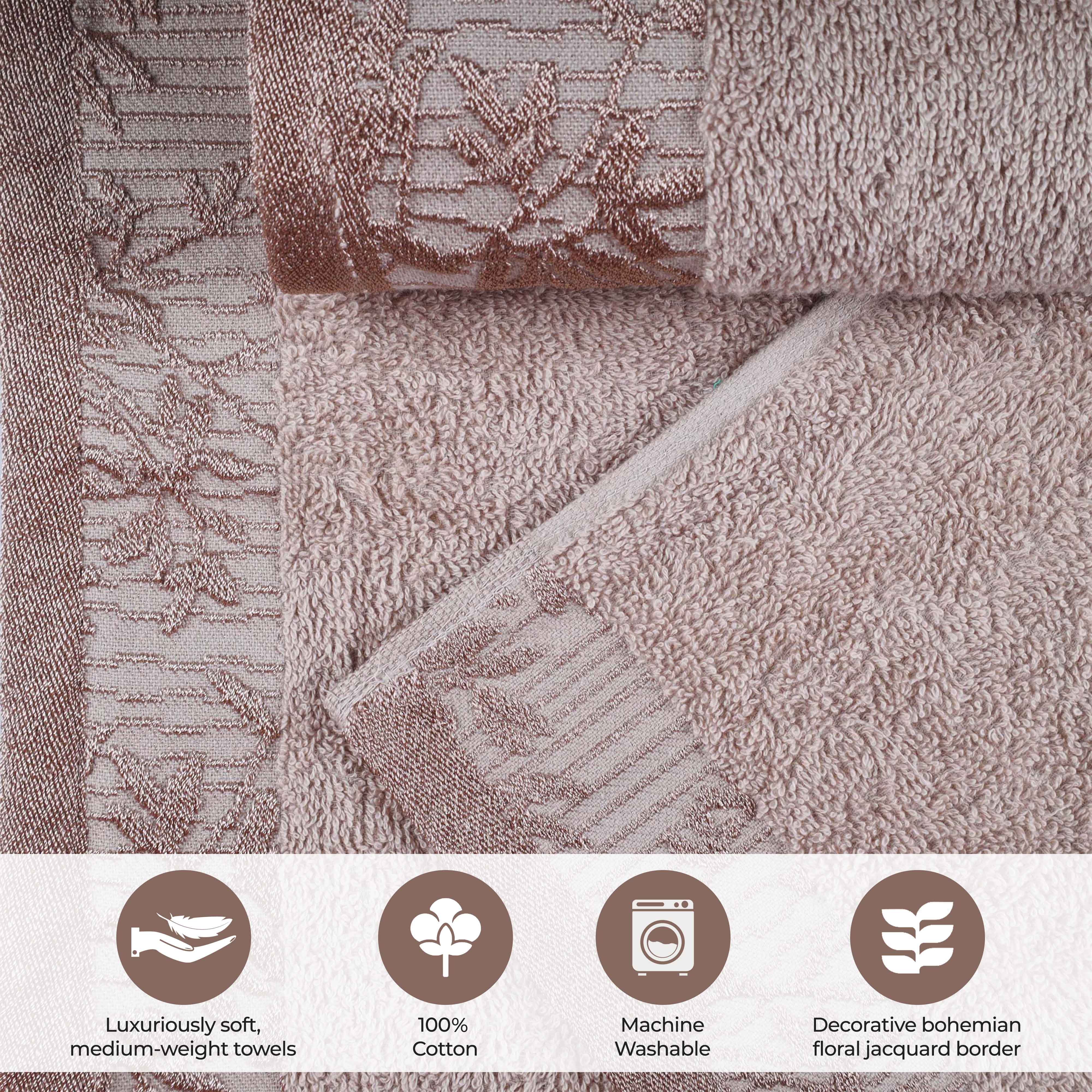 Premium Wisteria Cotton Floral Embroidered Jacquard Border Bath Towel Set of 2 - Soft Absorbent Luxury Towels for Spa, Bathroom & Guest Use