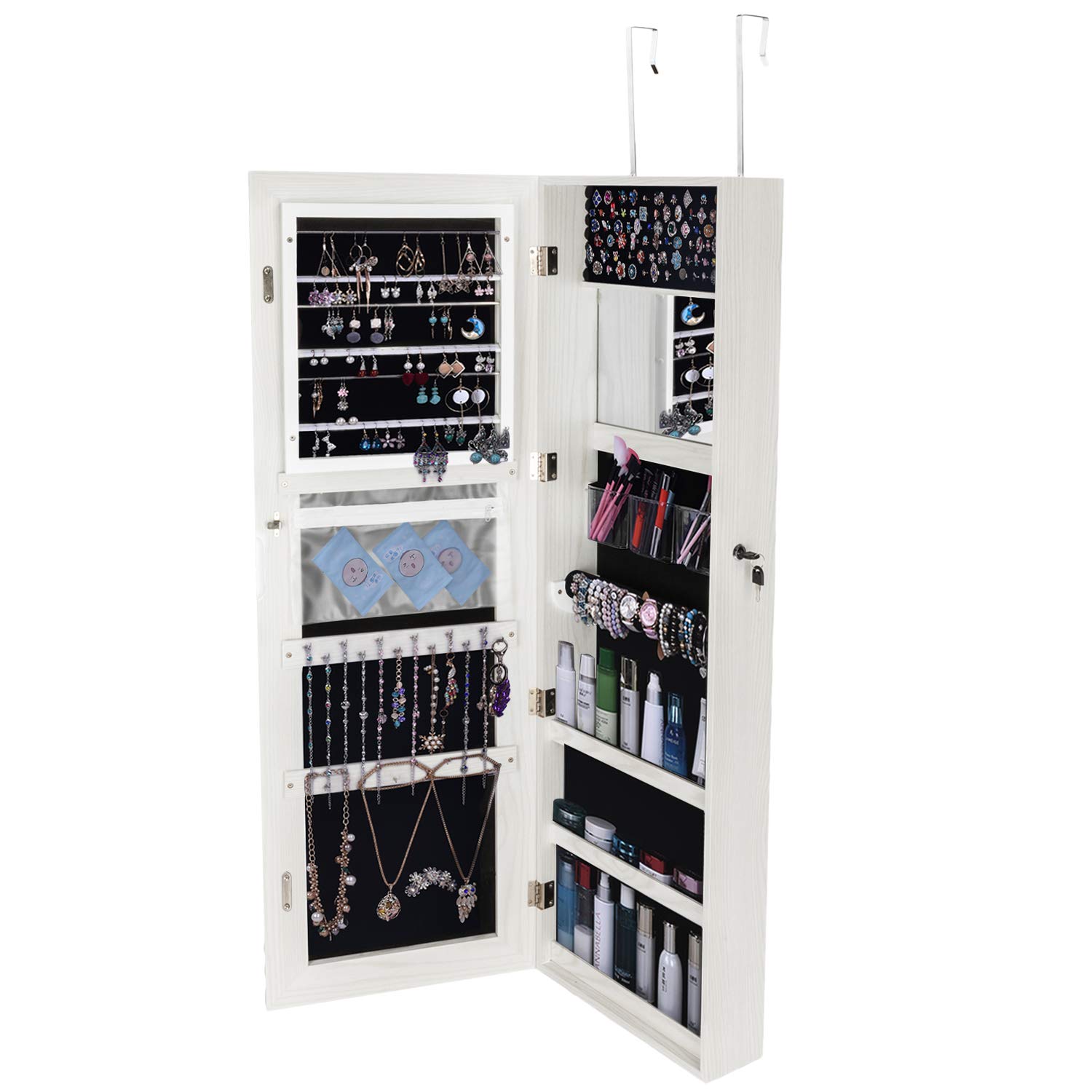 Full Length Mirror Jewelry Armoire with LED Lights - Wall Mounted White Jewelry Cabinet Organizer for Bedroom, Closet & Dressing Room