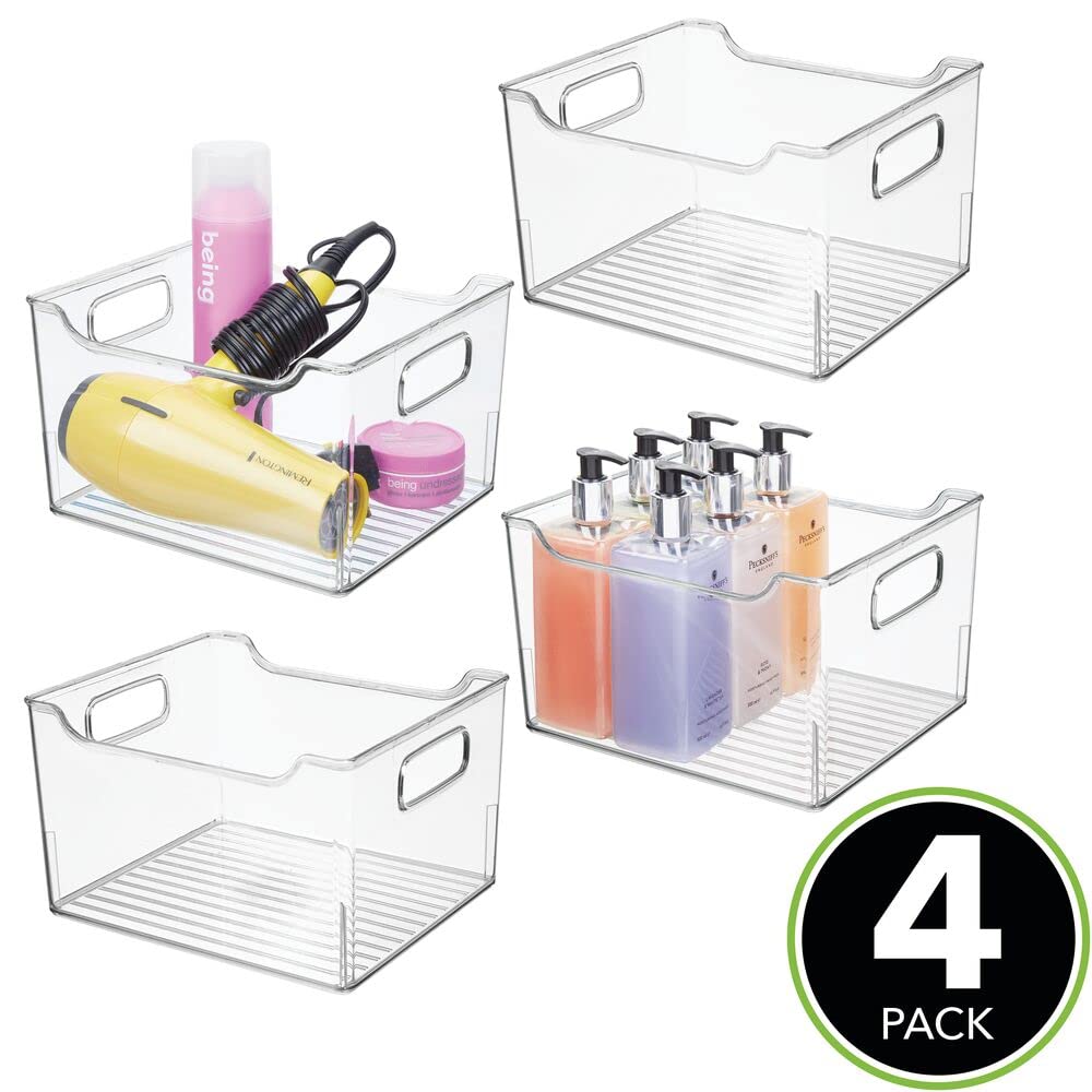 mDesign Large Deep Plastic Storage Bins with Handles - 4 Pack Clear Bathroom & Vanity Organizer for Makeup, Shelves, Cabinets & Closets - Perfect for Home, Office & Travel Organization - Ligne Collection