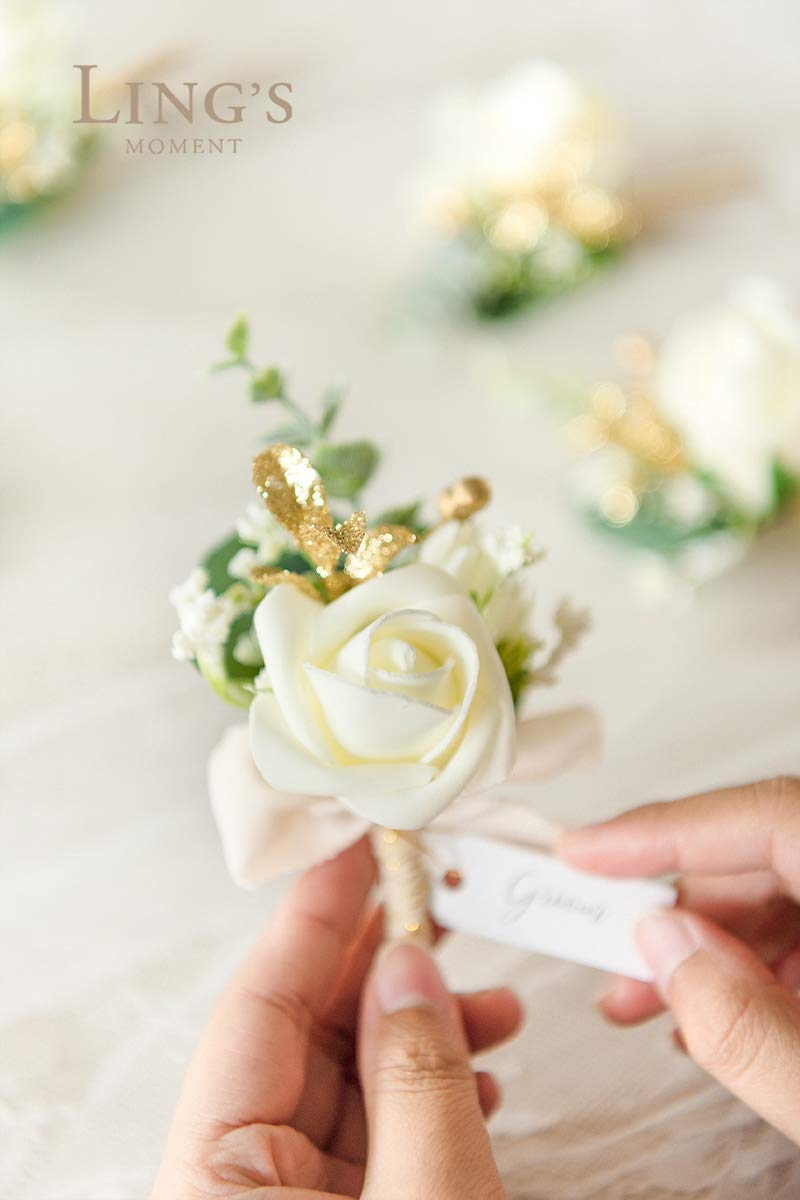 Ling's Moment Boutonniere for Men - 2 Pack Artificial Flower Boutonnieres for Groom & Groomsmen - Ivory White Baby's Breath Wedding Boutonniere - Perfect for Weddings, Prom, Homecoming & Formal Events