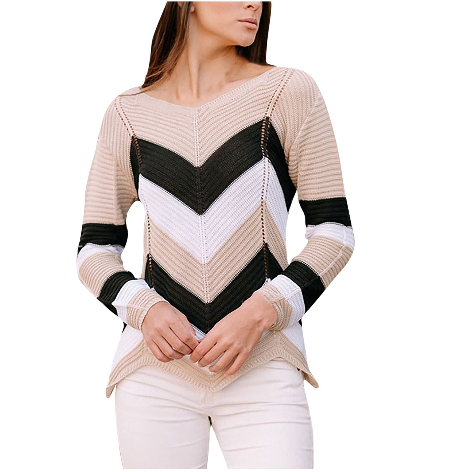 Stylish Women's Pullover Sweaters - Cute Loose Long-Sleeve Wave Contrast Color Casual Sweater for Fall & Winter | Perfect for Office, Dating & Weekend Outfits