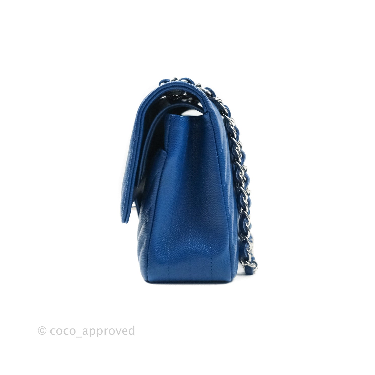 Chanel Classic Chevron M/L Medium Double Flap Bag in Blue Caviar Leather with Silver Hardware - Perfect for Work, Evening Events & Luxury Fashion Accessories