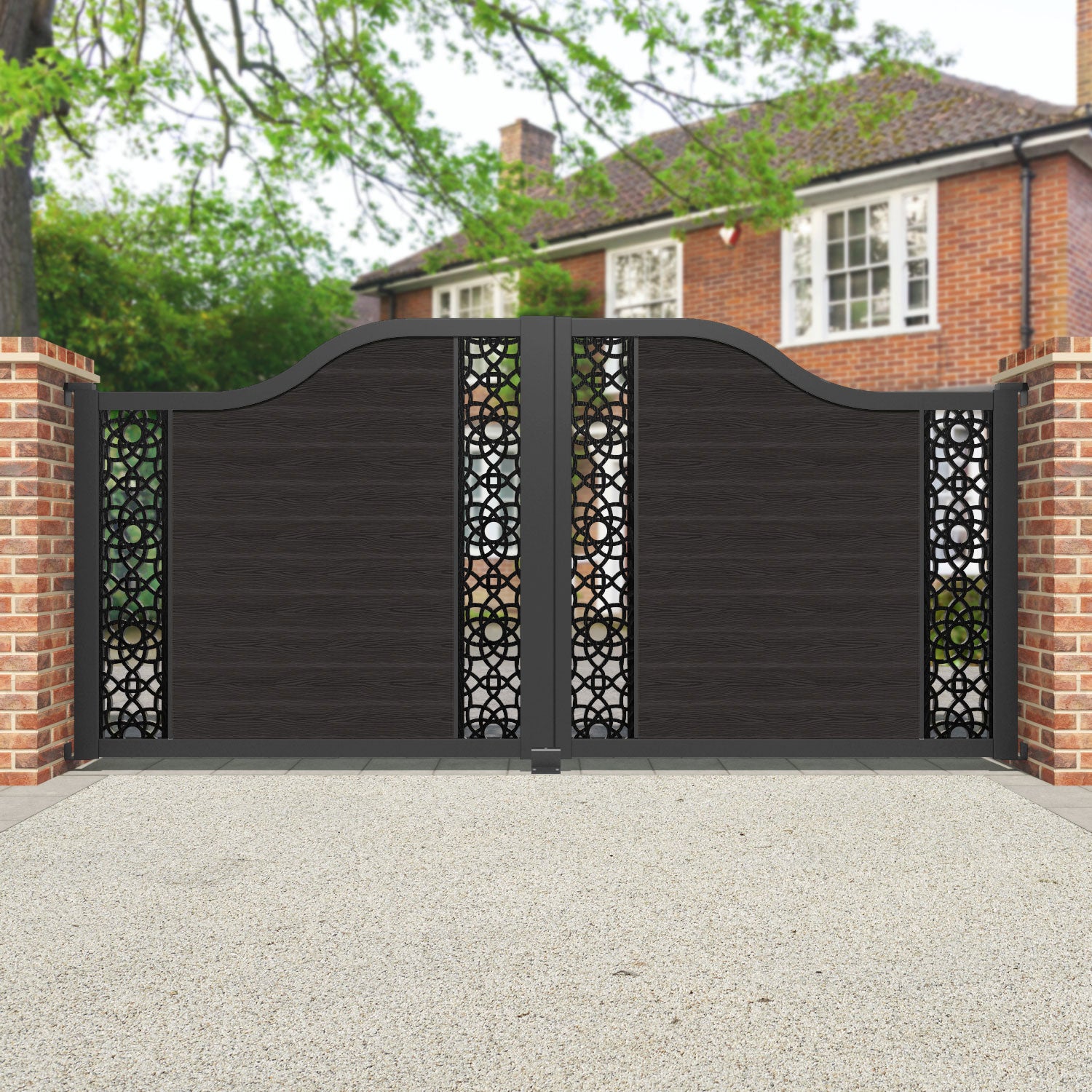 Classic Ambar Curved Top Driveway Gate - Dark Oak Finish with Middle & End Screen Panels | Elegant Driveway Entrance for Homes & Estates