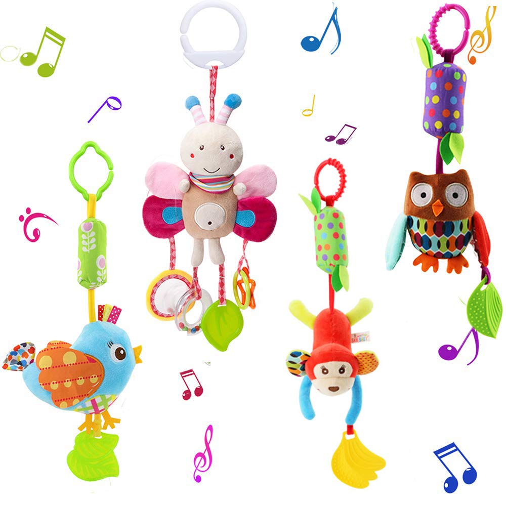 Sealive 4-Piece Baby Stroller Sensory Musical Toys - Soft Rattles & Hanging Plush Activity Toys for Boys & Girls - Perfect for Crib, Car Seat & Stroller Entertainment