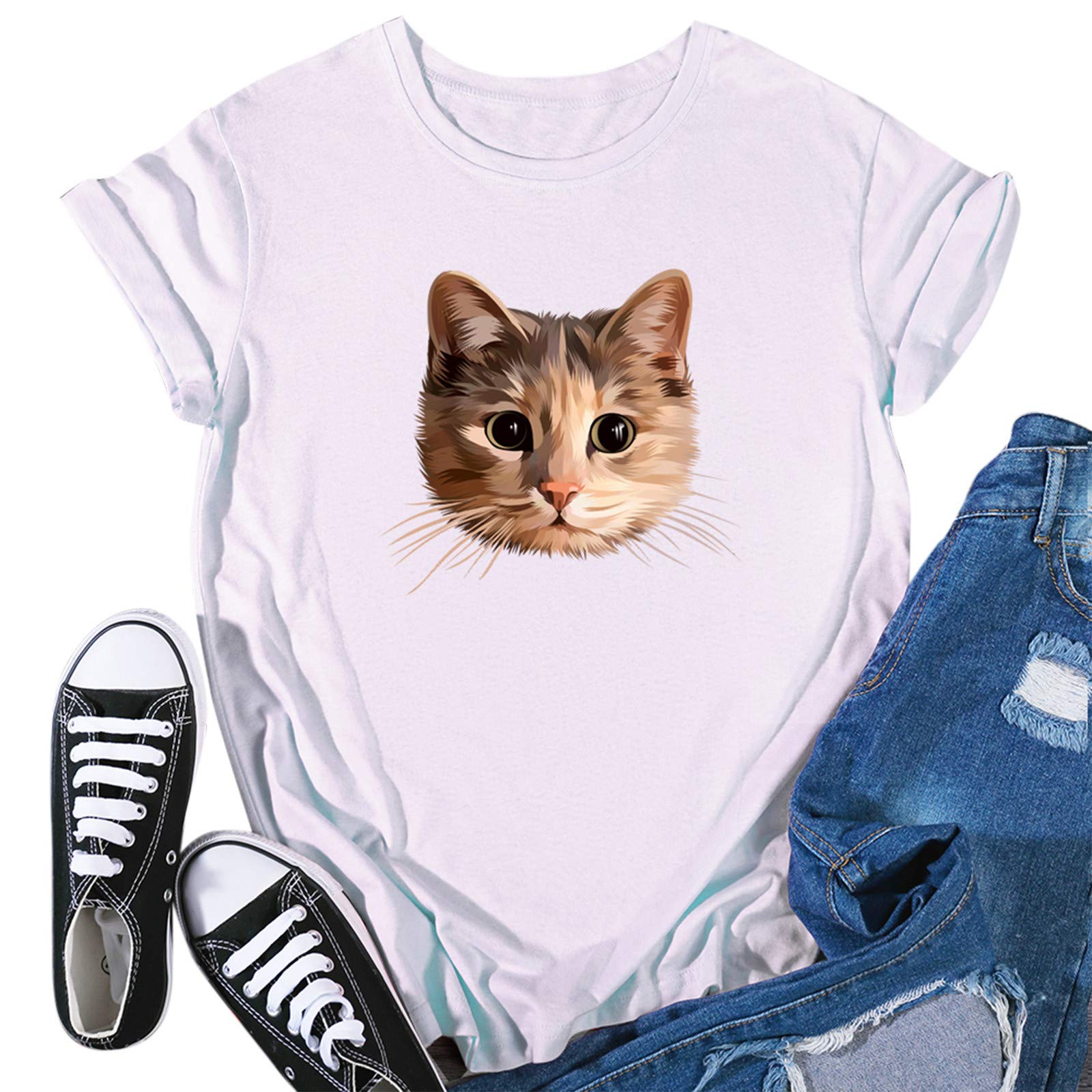Women's Casual Cute Animal Print Short Sleeve T-Shirt - White O-Neck Pullover Top for Everyday Wear, Street Style & Summer Outfits