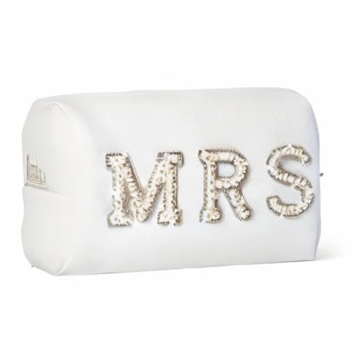Elegant White PU Leather Bride Makeup Bag with Pearl Letter Patch - Cosmetic & Toiletry Organizer for Wedding Day Essentials | Perfect Bridal Shower, Engagement & Wedding Gift for Women