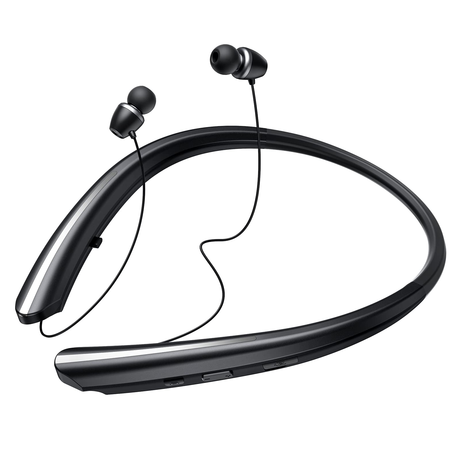 Wireless Bluetooth Neckband Headphones with Noise Cancelling, Retractable Earbuds & Built-in Mic - Compatible with iPhone, Android, Samsung, iPad, PC (Black) | Perfect for Running, Gym Workouts & Commuting