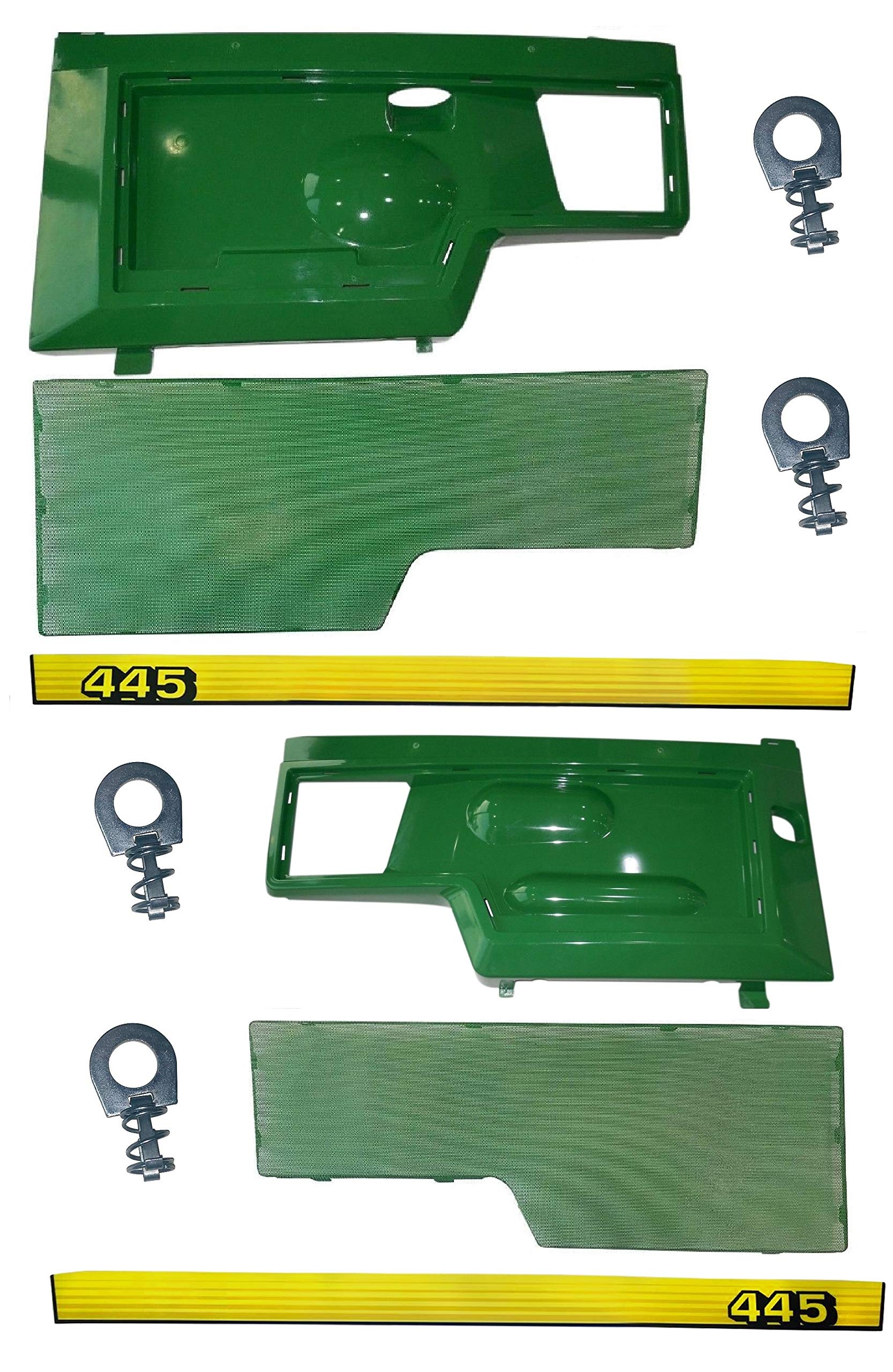 John Deere 445 LH/RH Side Panel & Screen Sticker Set with Retaining Clips AM128982 AM128983 - Perfect for Tractor Restoration & DIY Repairs