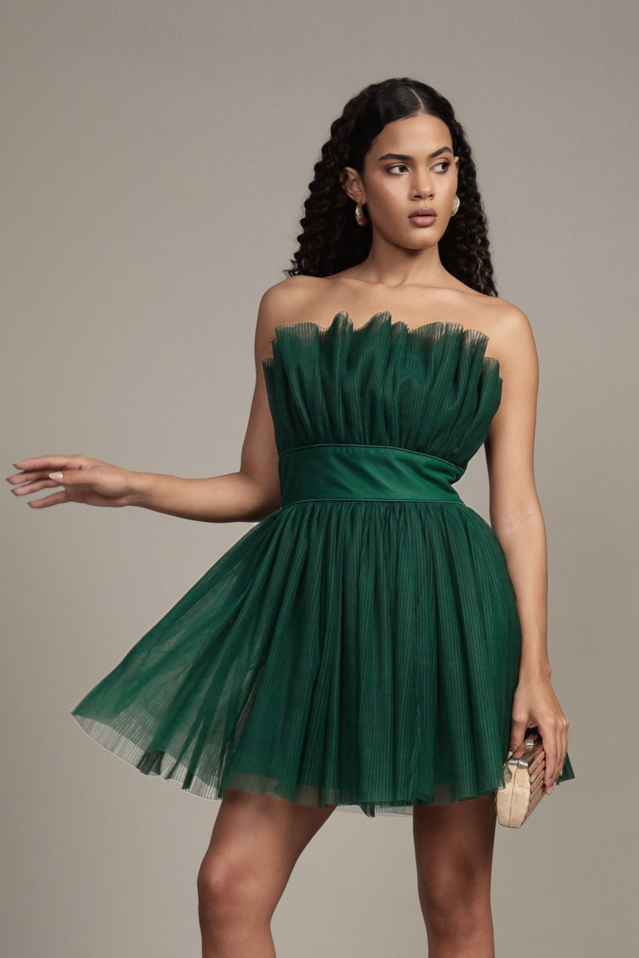 Nanita Pleated Mini Dress in Emerald Green | Flowy A-Line Skater Dress for Women | Perfect for Parties, Dates & Summer Outfits