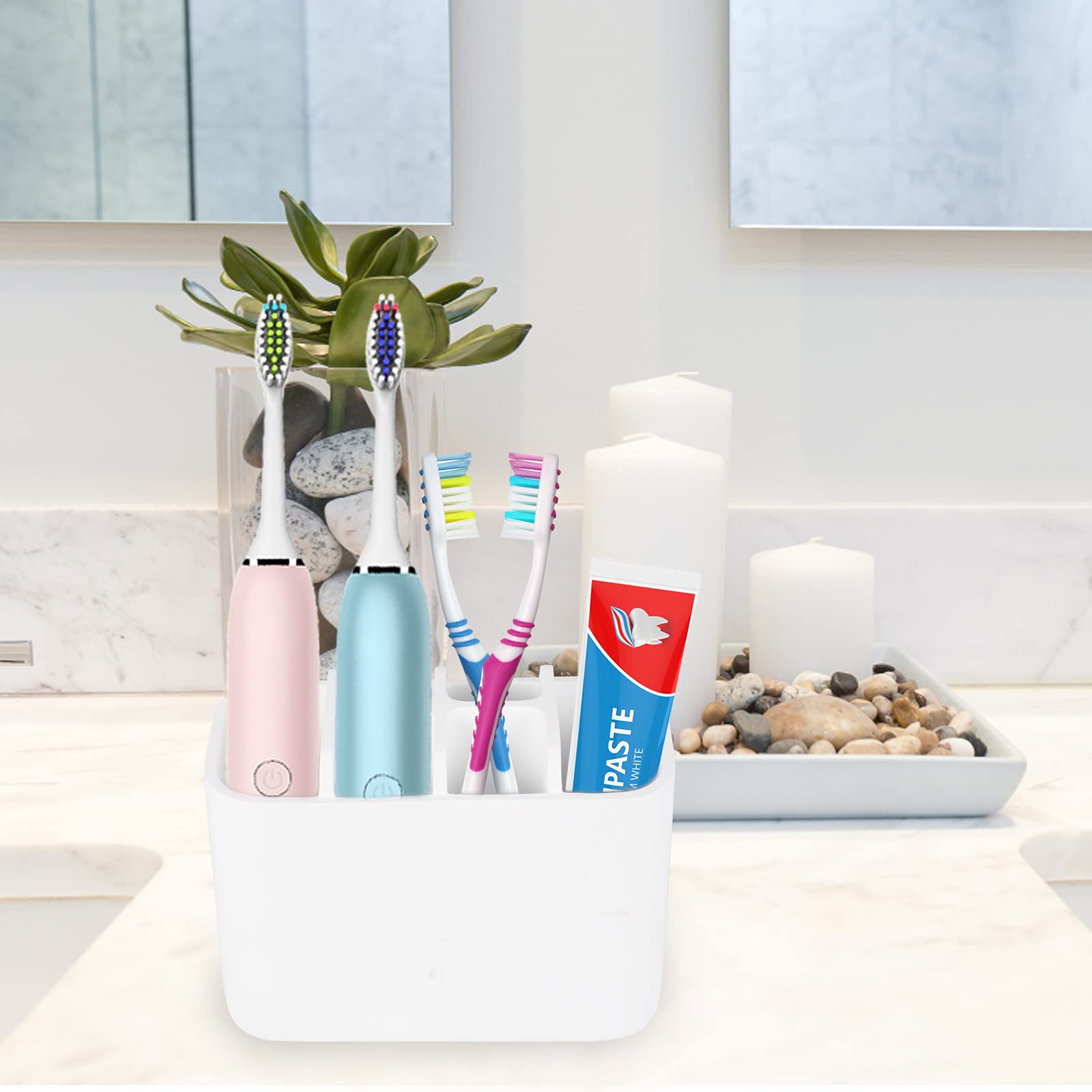 White Resin Toothbrush Holder & Organizer for Bathroom - Perfect for Toothbrushes, Makeup Brushes, and Cosmetics Storage | Compact & Stylish Bathroom Countertop Organizer
