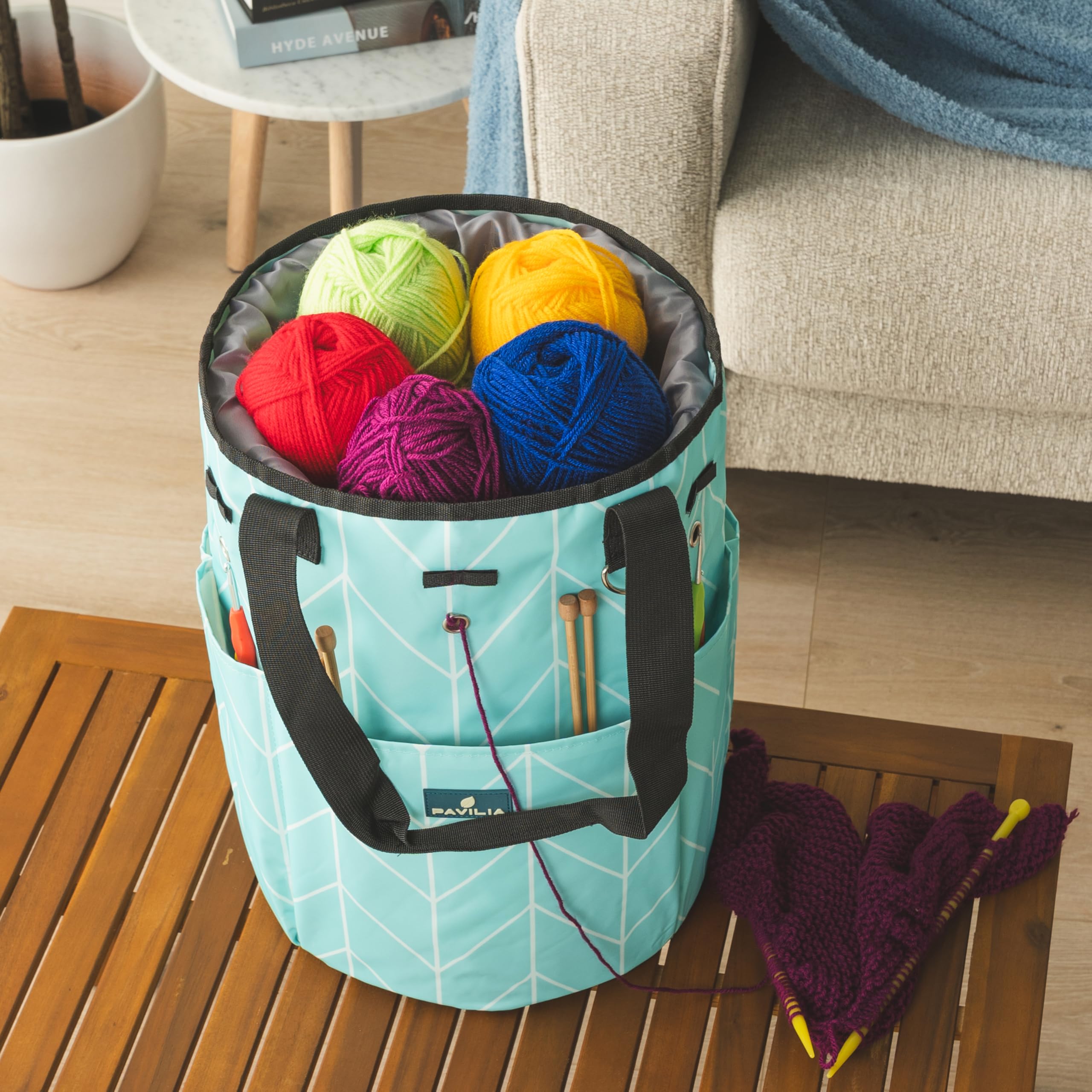 PAVILIA Crochet Yarn Bag Organizer with Grommets - Portable Knitting Storage for Crafters On The Go - Chevron Teal - Perfect Gift for Knitters & Crochet Lovers